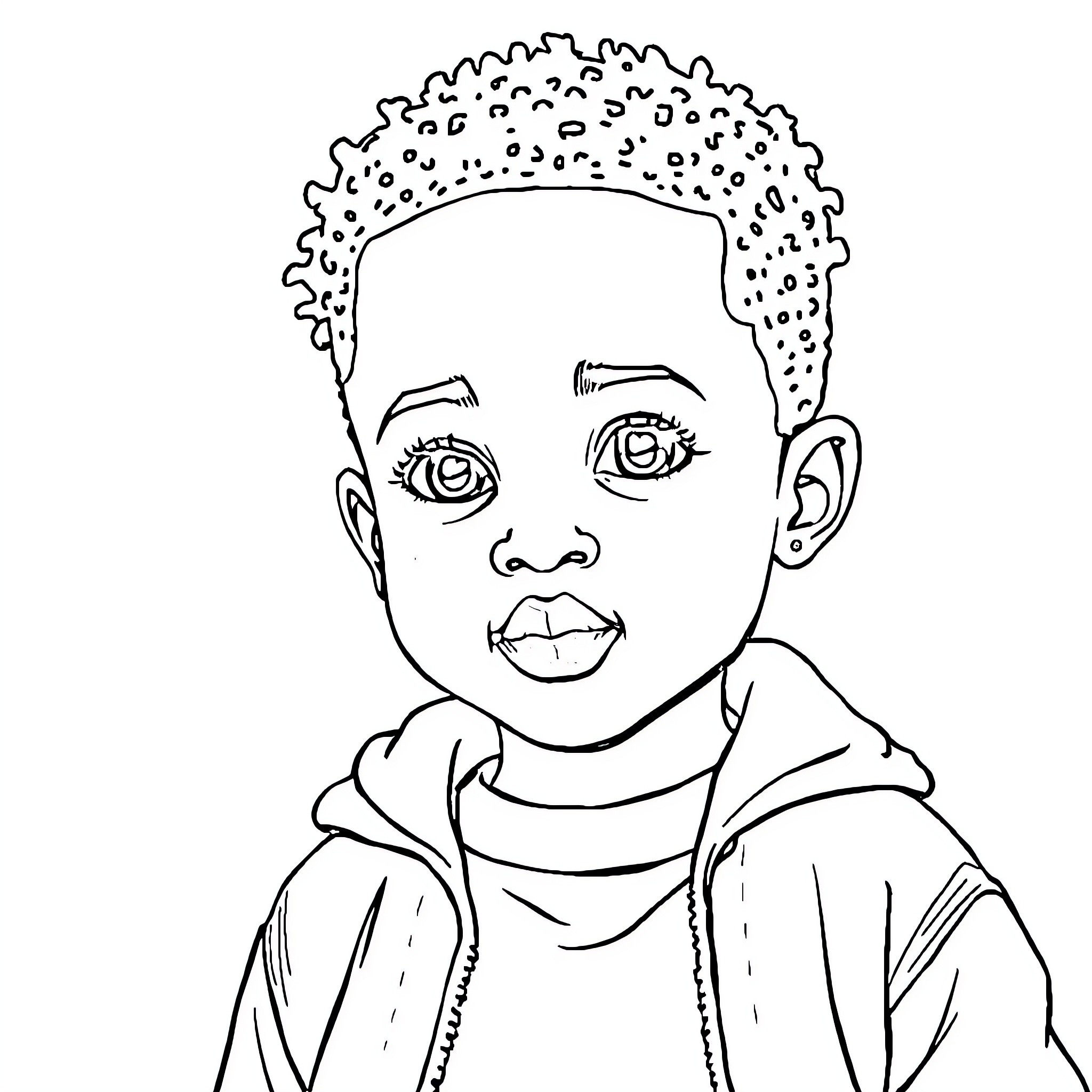 Child with curly hair and expressive features Coloring Page (free black-and-white line drawing printable PDF for all, from beginners to advanced learners, including children, teens, adults, and seniors)