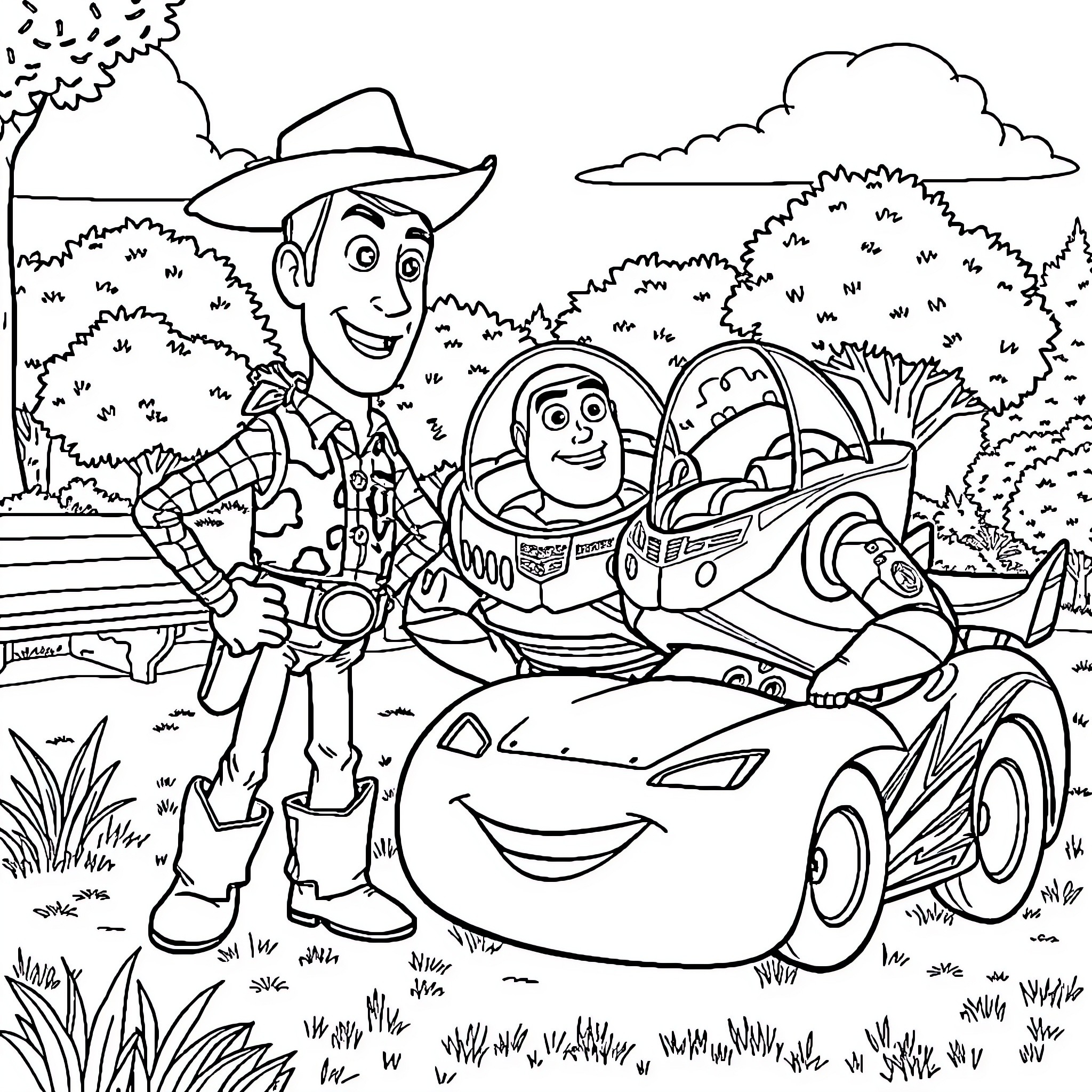 Woody and Buzz Lightyear going on an adventure in the countryside Coloring Page (free black-and-white line drawing printable PDF for all, from beginners to advanced learners, including children, teens, adults, and seniors)