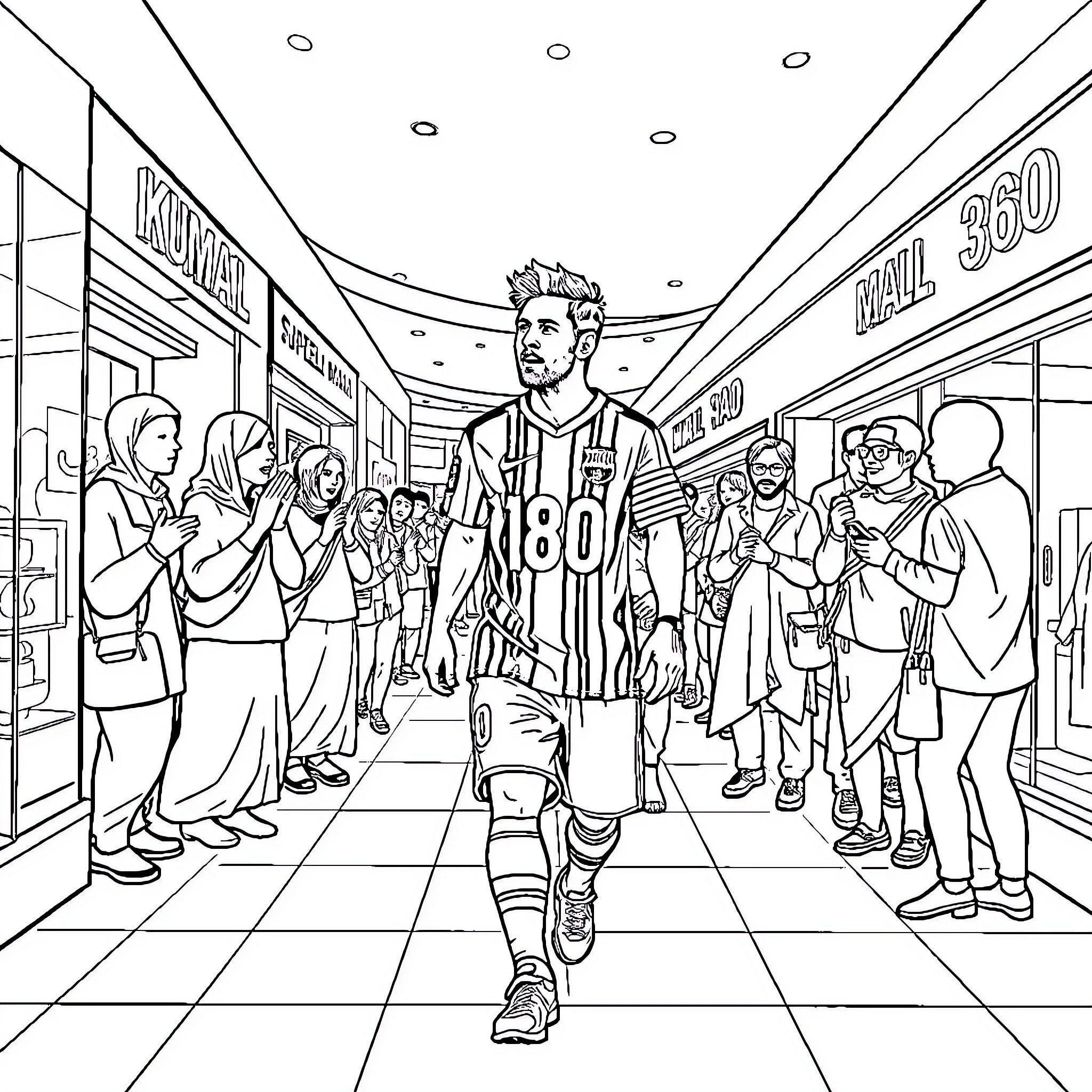 Messi Walking Through Adoring Crowd in Stadium Coloring Page (free black-and-white line drawing printable PDF for all, from beginners to advanced learners, including children, teens, adults, and seniors)