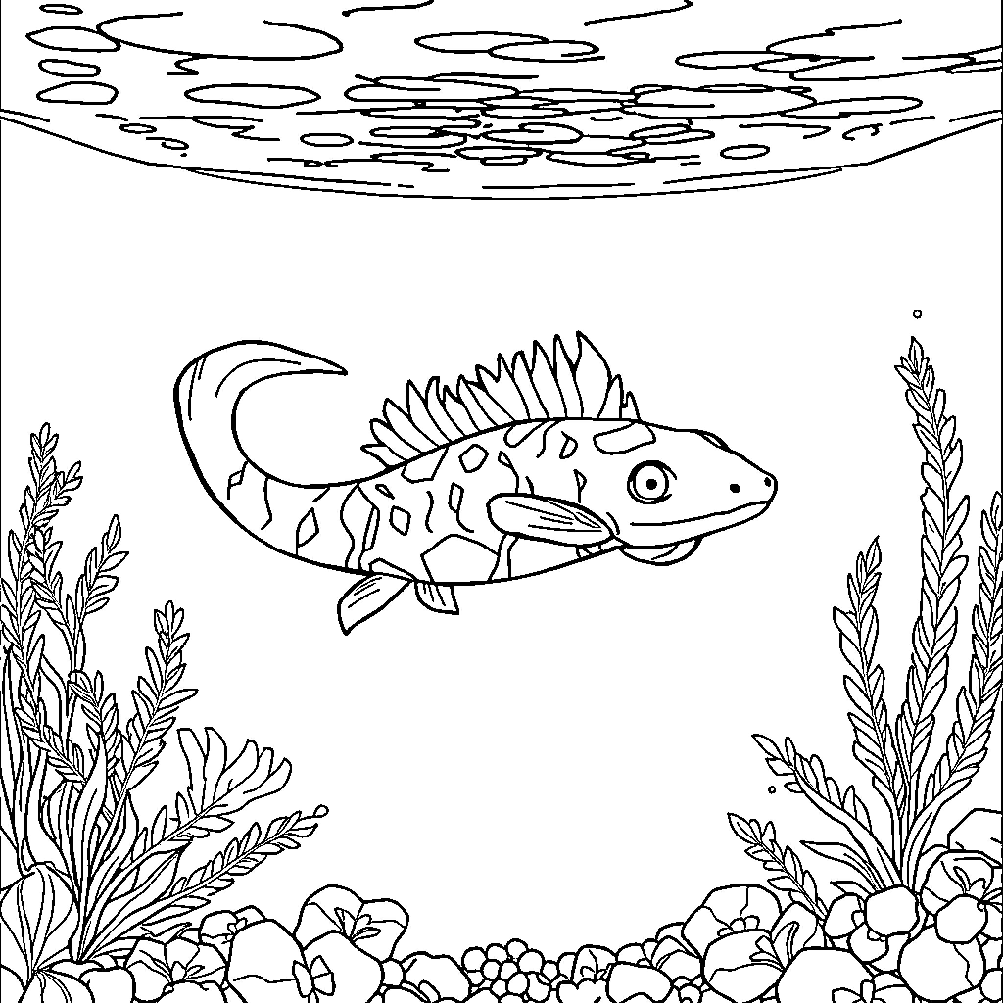Axolotl swimming in underwater landscape Coloring Page (free black-and-white line drawing printable PDF for all, from beginners to advanced learners, including children, teens, adults, and seniors)