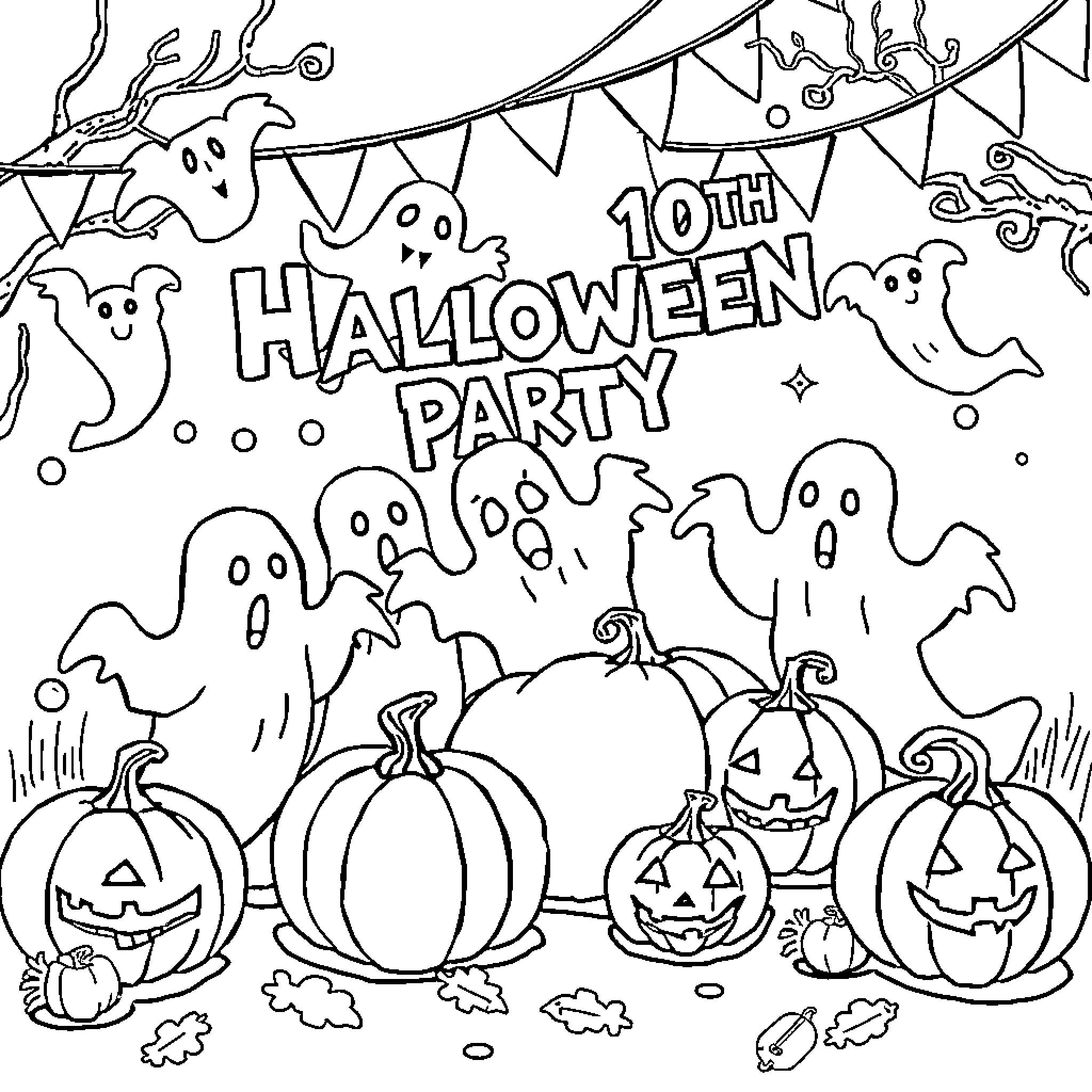 Halloween Party with Pumpkins and Ghosts Coloring Page (free black-and-white line drawing printable PDF for all, from beginners to advanced learners, including children, teens, adults, and seniors)
