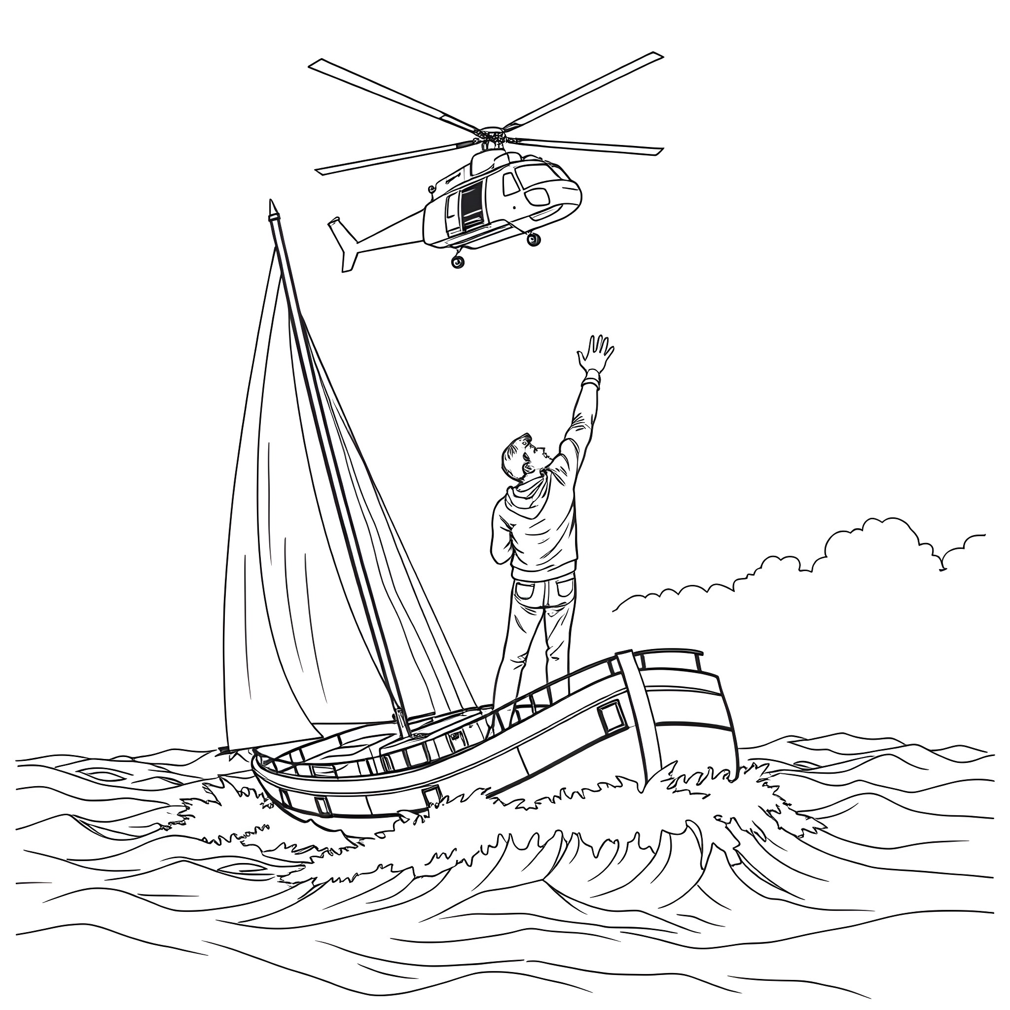 Boat rescue operation with helicopter Coloring Page (free black-and-white line drawing printable PDF for all, from beginners to advanced learners, including children, teens, adults, and seniors)
