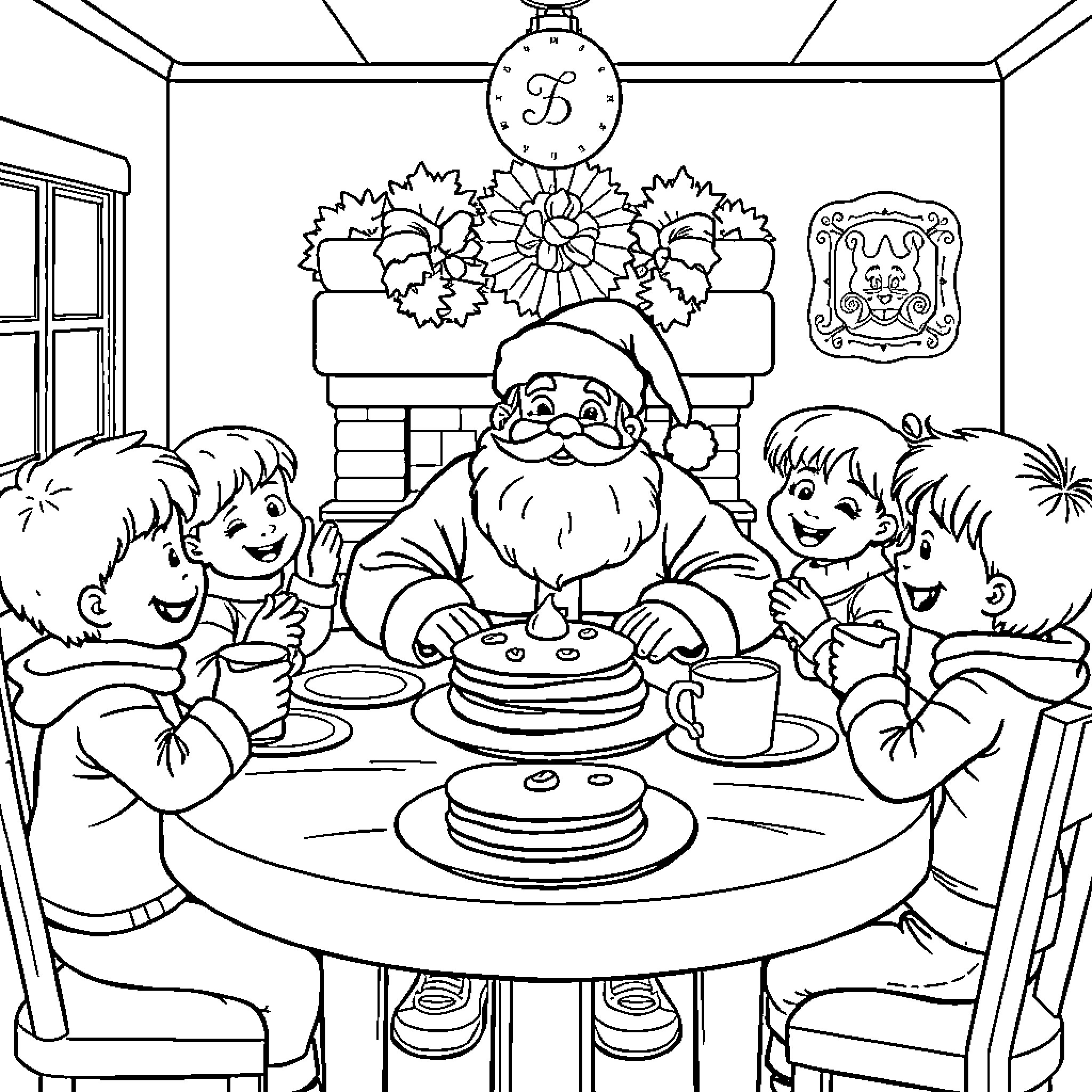 Santa celebrates Christmas with children around the table Coloring Page (free black-and-white line drawing printable PDF for all, from beginners to advanced learners, including children, teens, adults, and seniors)