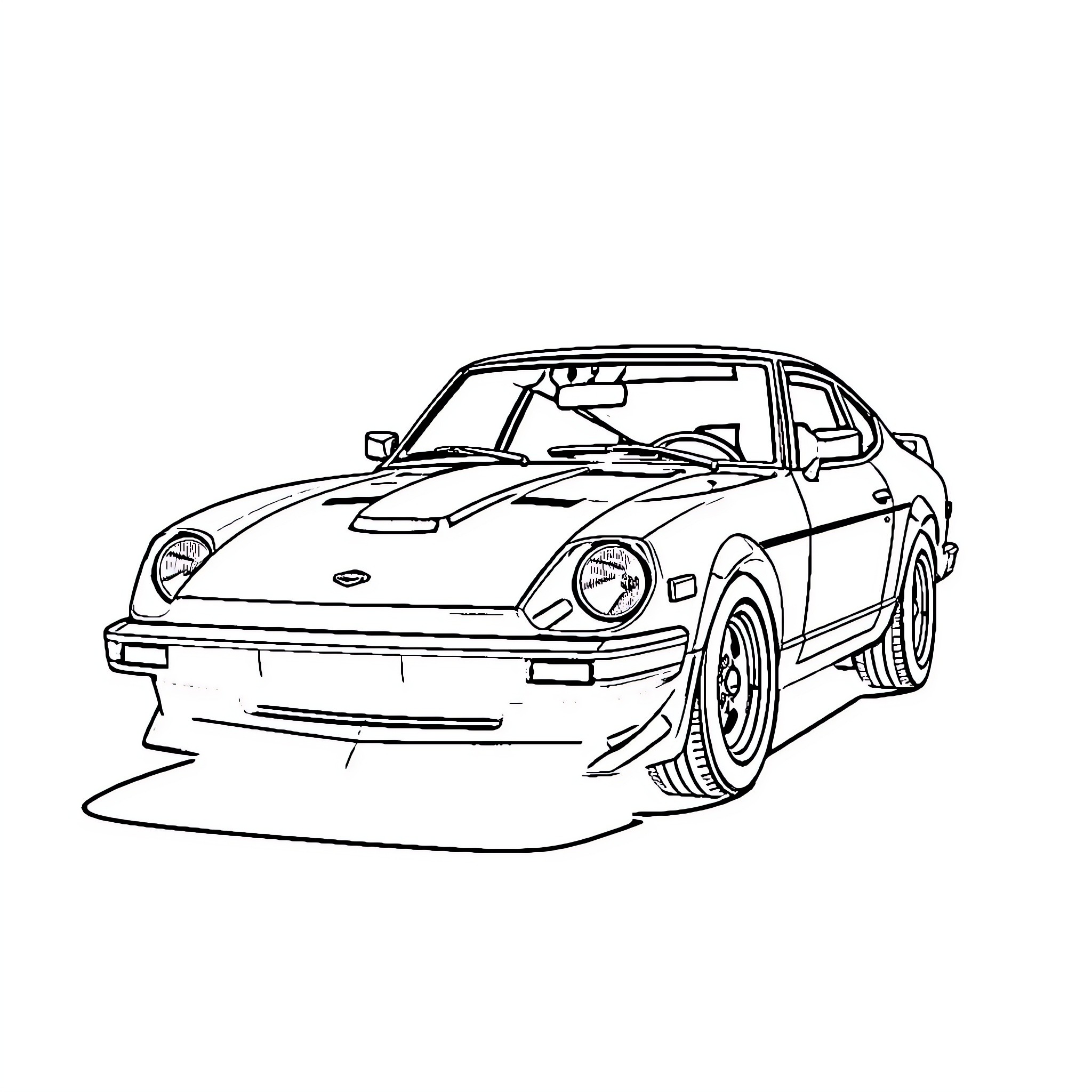 Datsun sports car in motion Coloring Page (free black-and-white line drawing printable PDF for all, from beginners to advanced learners, including children, teens, adults, and seniors)