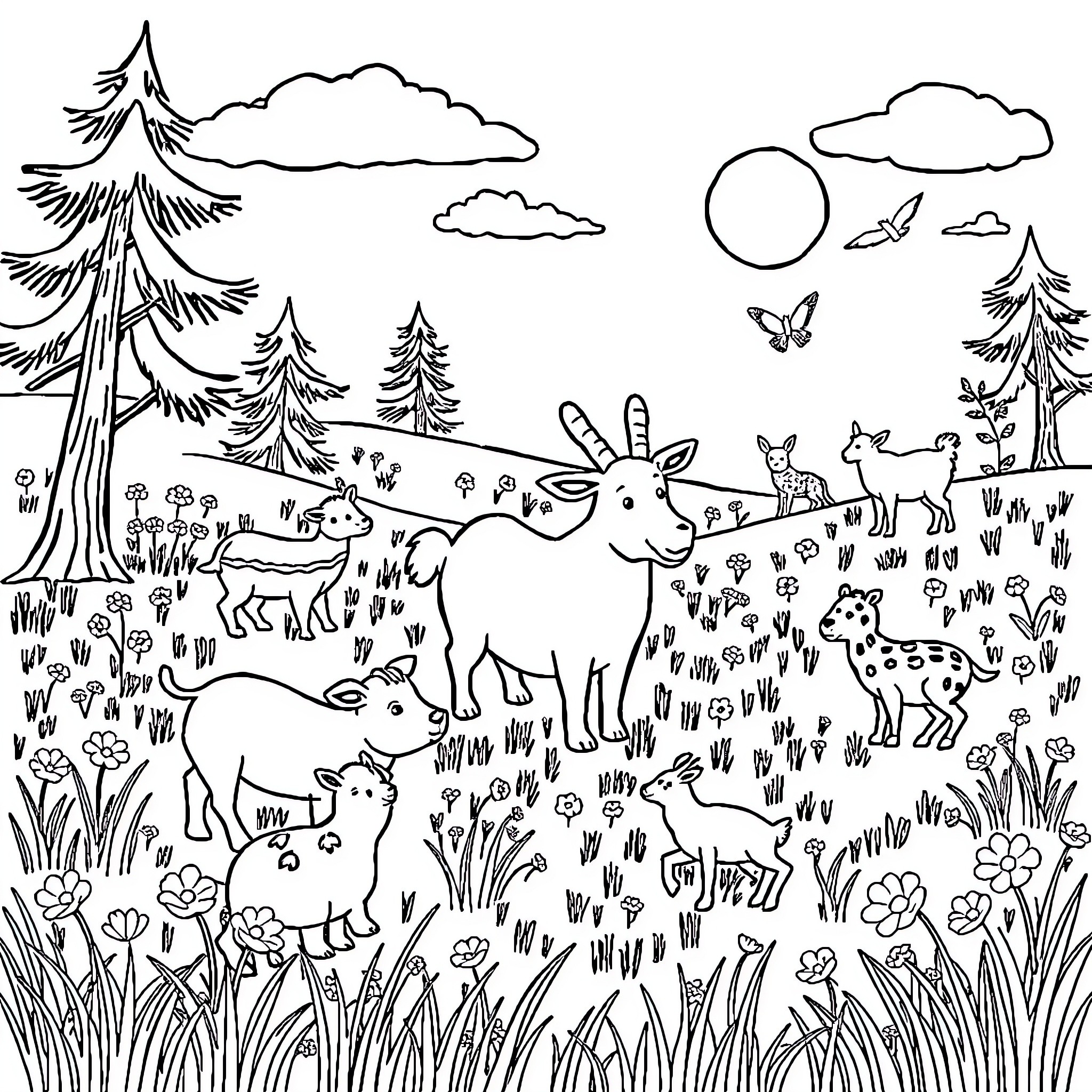 Animals playing joyfully in the forest Coloring Page (free black-and-white line drawing printable PDF for all, from beginners to advanced learners, including children, teens, adults, and seniors)