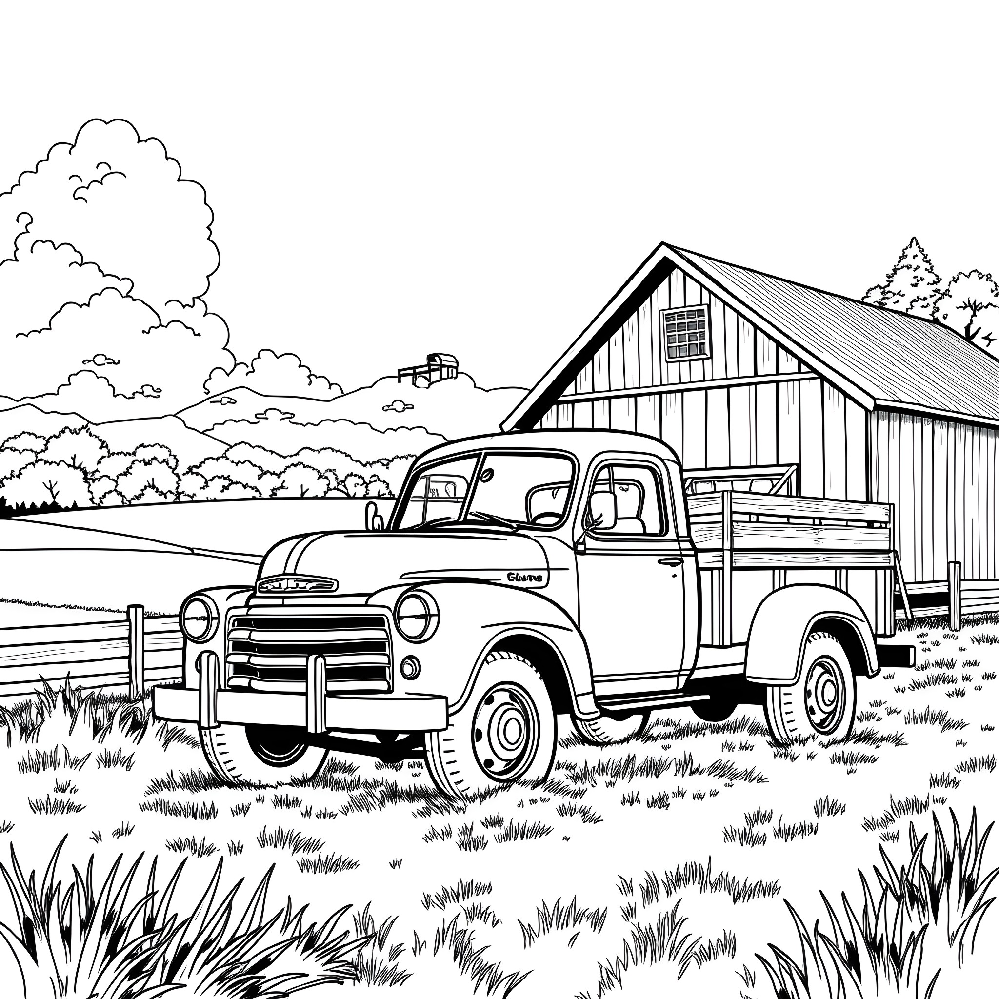 Truck parked in rural countryside scene Coloring Page (free black-and-white line drawing printable PDF for all, from beginners to advanced learners, including children, teens, adults, and seniors)