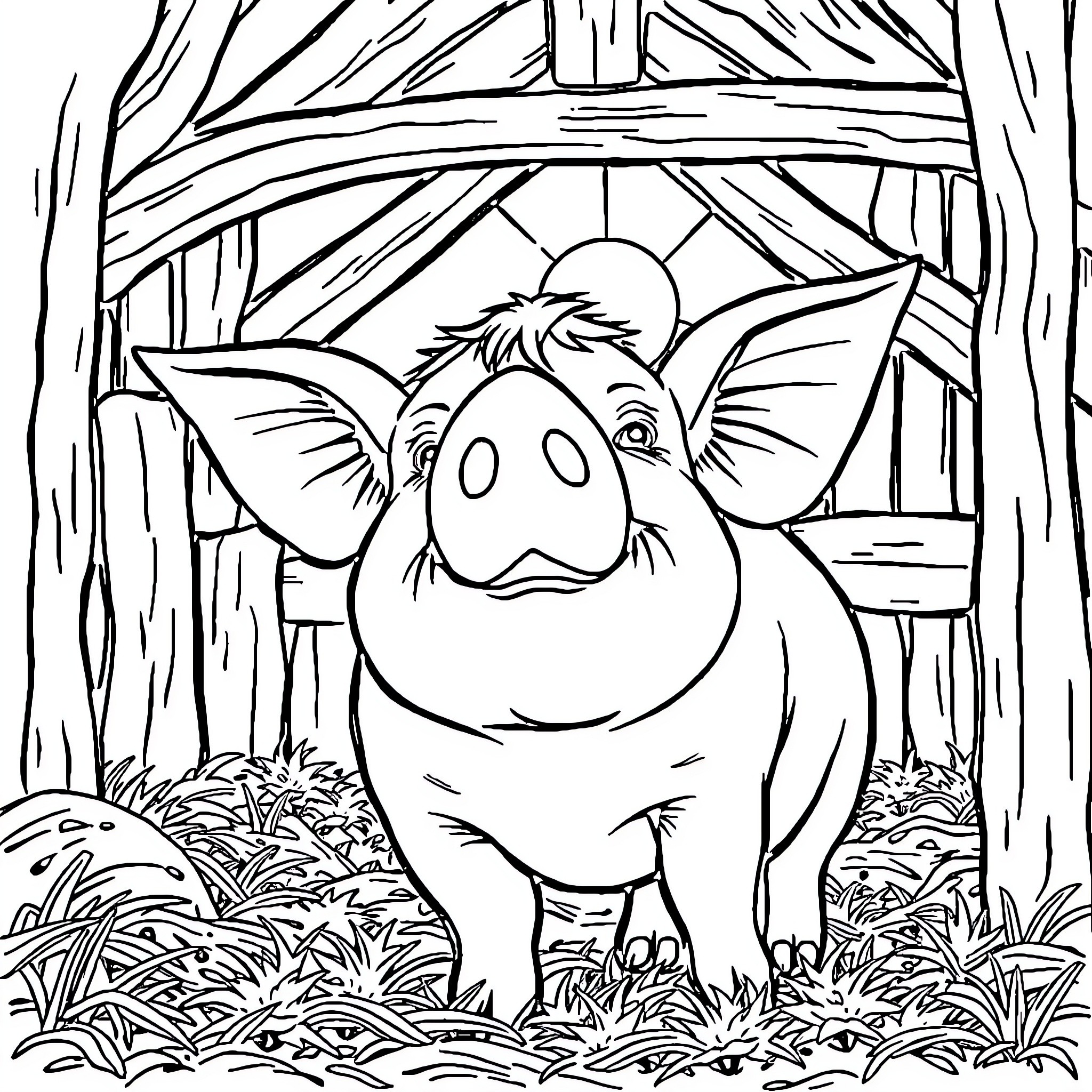 Pig looking curiously in the forest Coloring Page (free black-and-white line drawing printable PDF for all, from beginners to advanced learners, including children, teens, adults, and seniors)