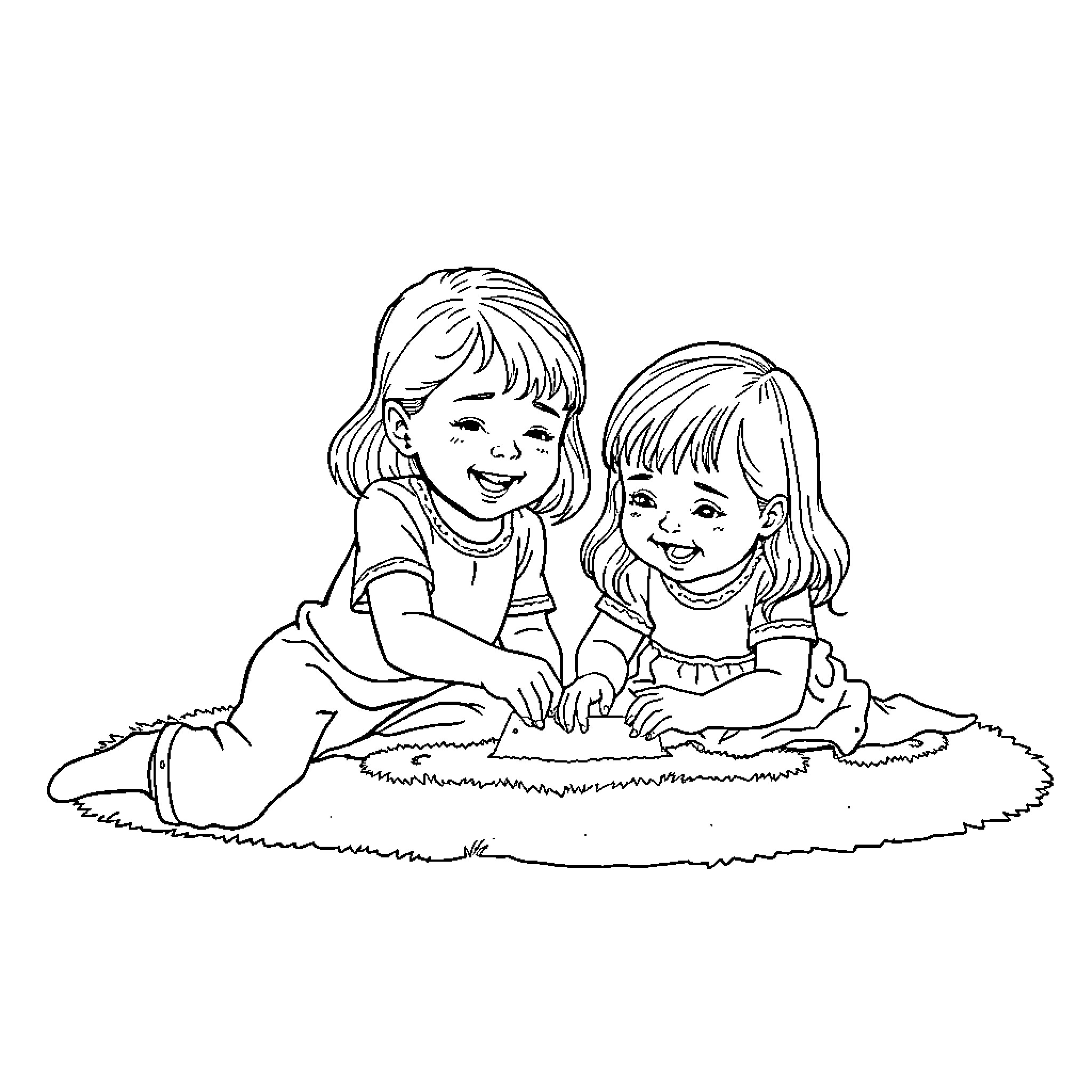 Sisters playing cheerfully on the grass Coloring Page (free black-and-white line drawing printable PDF for all, from beginners to advanced learners, including children, teens, adults, and seniors)