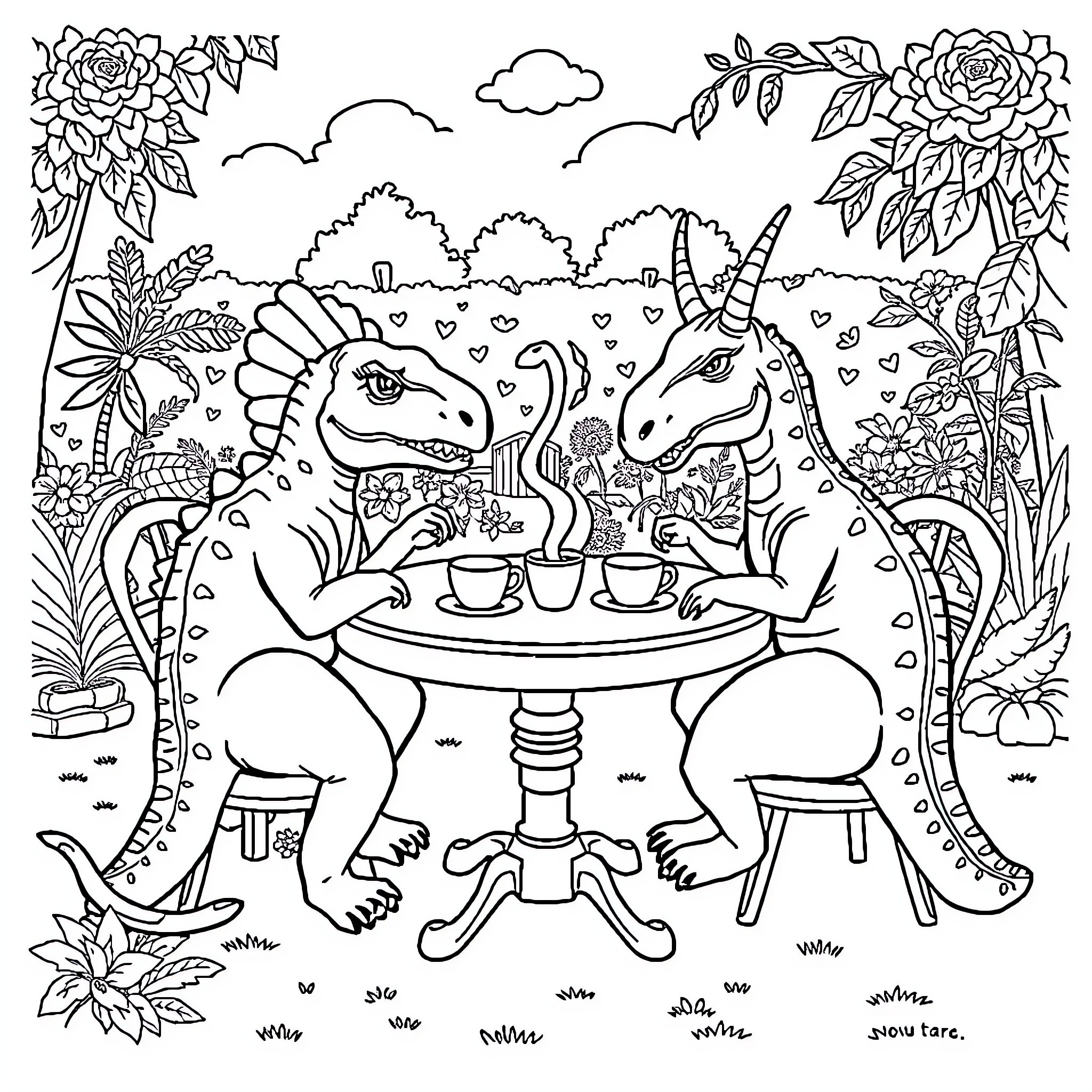 Dinosaur Having Tea with Unicorn in Whimsical Garden Coloring Page (free black-and-white line drawing printable PDF for all, from beginners to advanced learners, including children, teens, adults, and seniors)