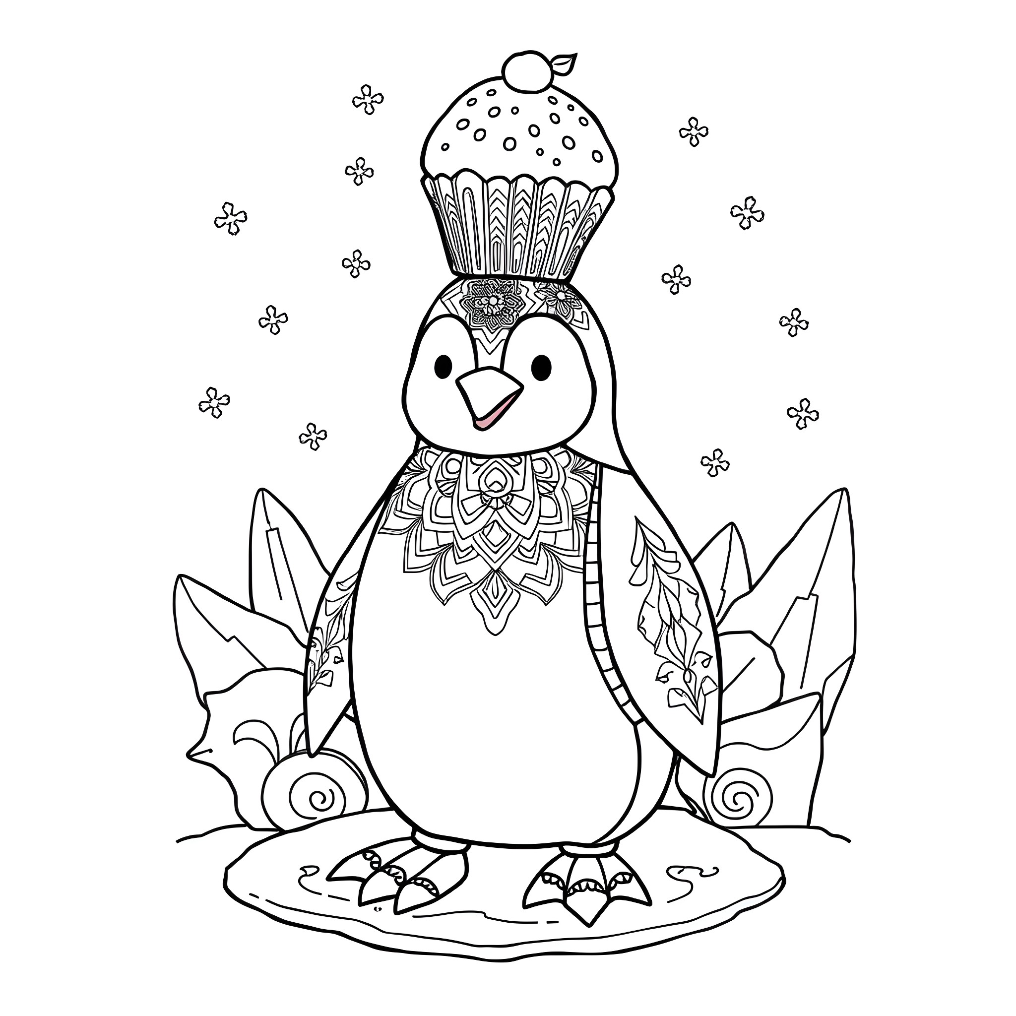 Penguin with Decorative Cupcake Hat and Floral Surroundings Coloring Page (free black-and-white line drawing printable PDF for all, from beginners to advanced learners, including children, teens, adults, and seniors)