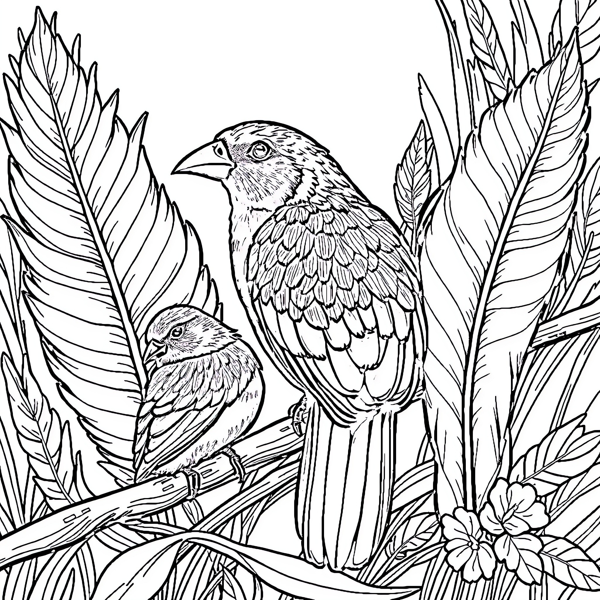 Bird pair perched in tropical foliage Coloring Page (free black-and-white line drawing printable PDF for all, from beginners to advanced learners, including children, teens, adults, and seniors)