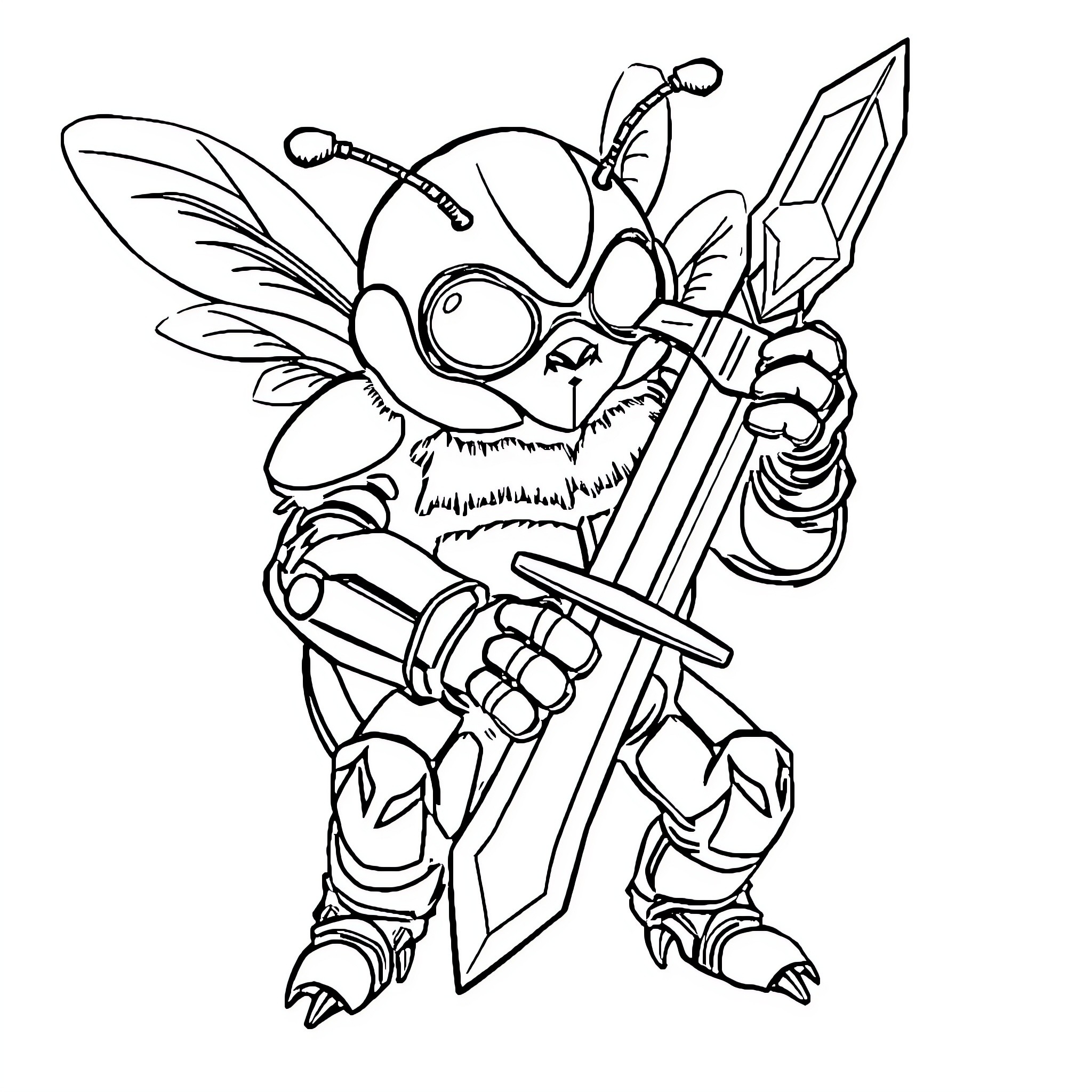 Bumblebee wielding a crystal sword Coloring Page (free black-and-white line drawing printable PDF for all, from beginners to advanced learners, including children, teens, adults, and seniors)