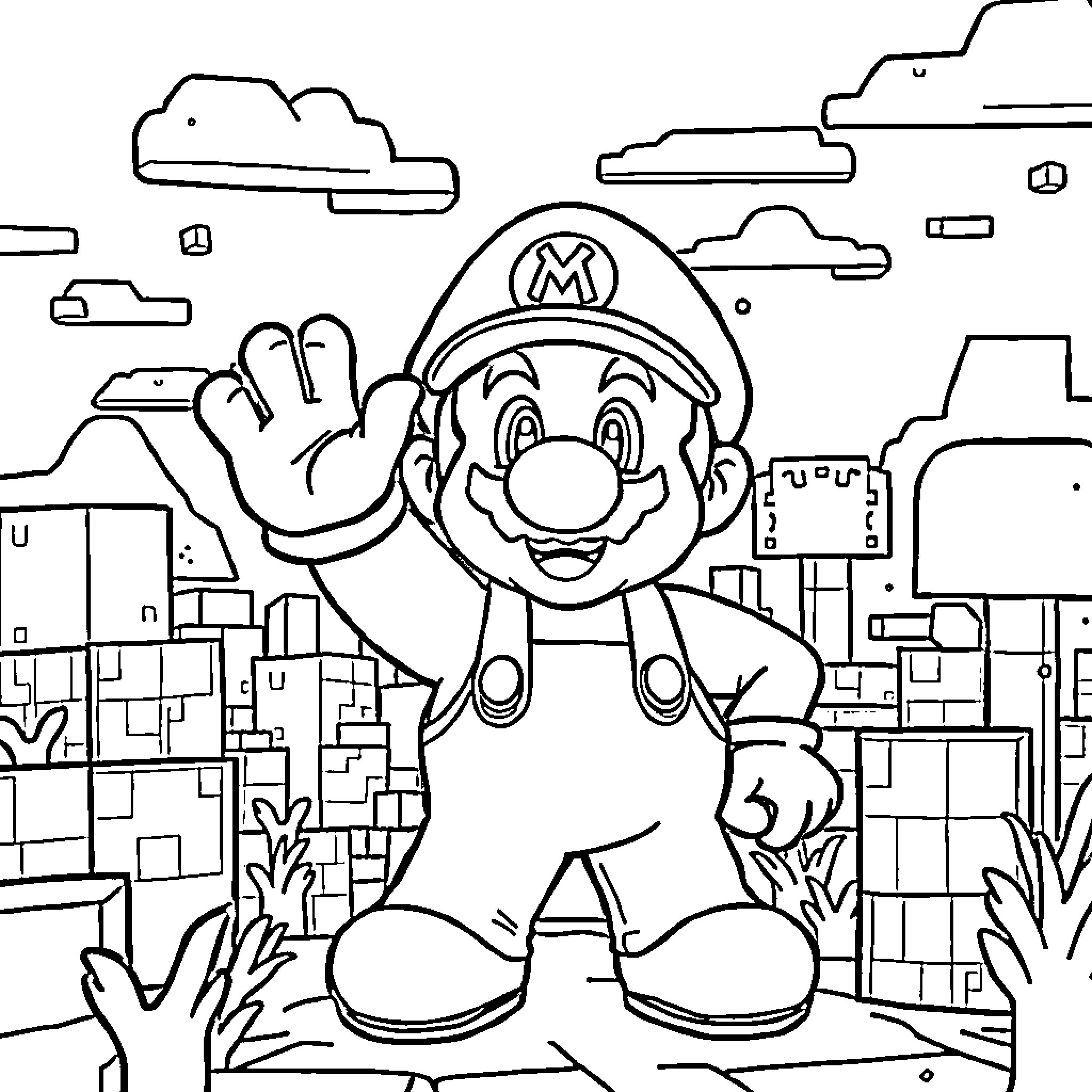 Mario Waving in the Mushroom Kingdom Coloring Page (free black-and-white line drawing printable PDF for all, from beginners to advanced learners, including children, teens, adults, and seniors)