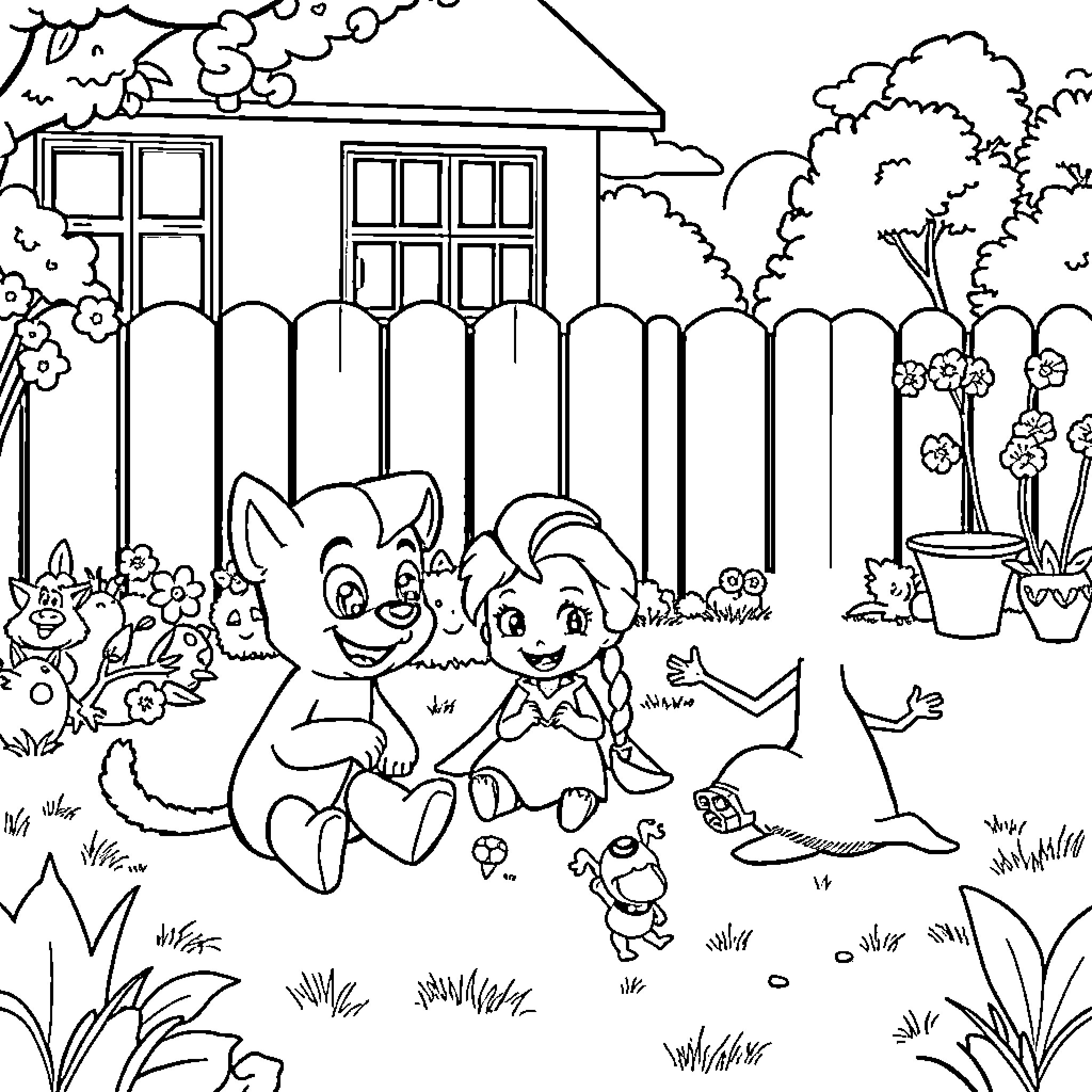 Bluey and Bingo playing in the backyard Coloring Page (free black-and-white line drawing printable PDF for all, from beginners to advanced learners, including children, teens, adults, and seniors)