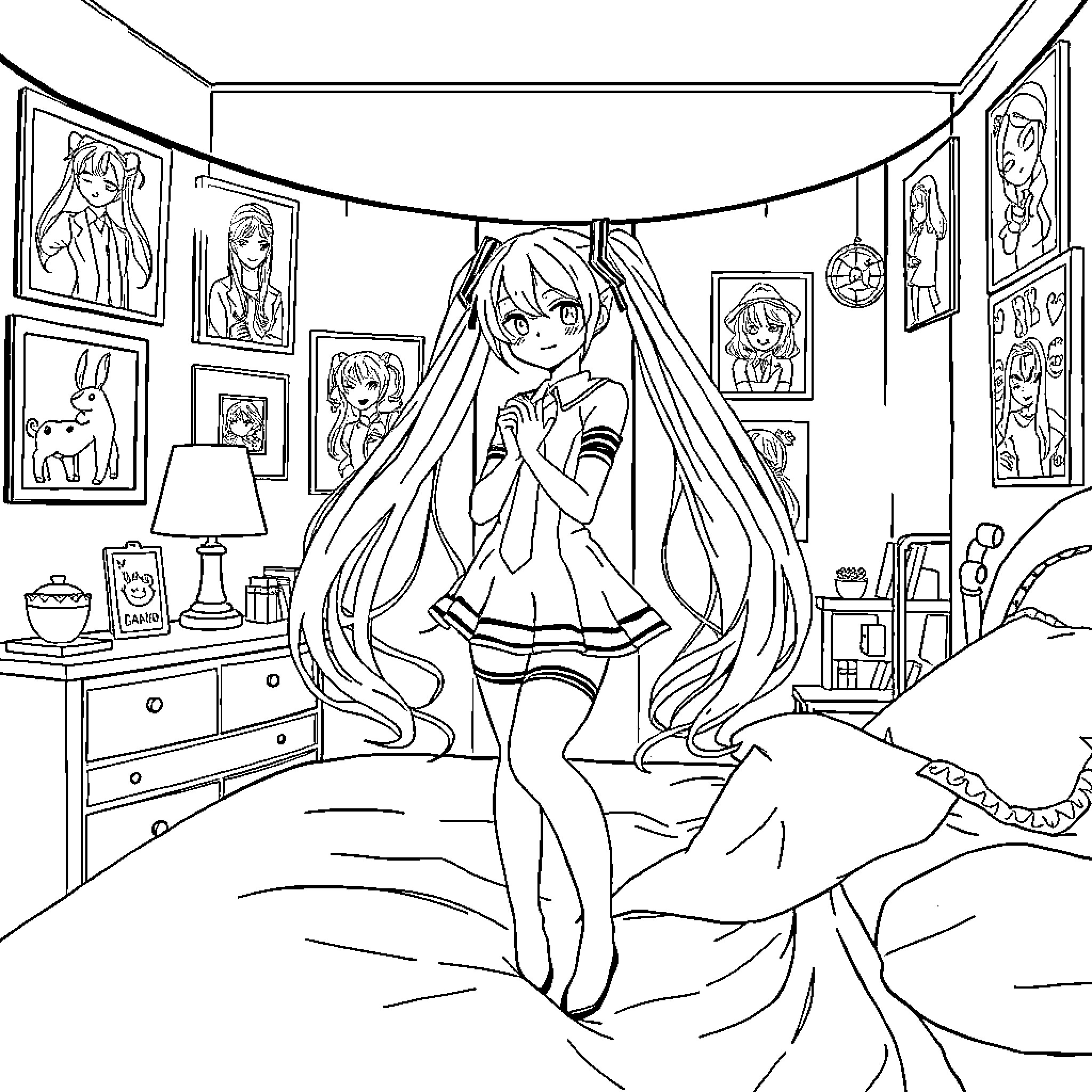 Miku in her colorful bedroom surrounded by artwork Coloring Page (free black-and-white line drawing printable PDF for all, from beginners to advanced learners, including children, teens, adults, and seniors)