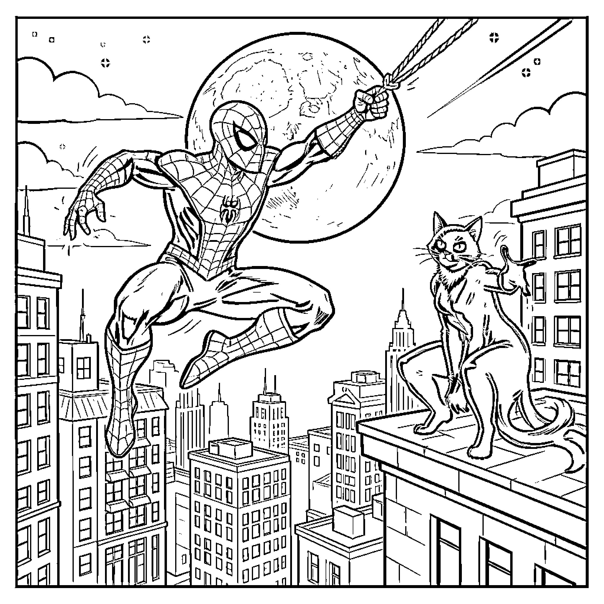 Spiderman swinging through the city at night Coloring Page (free black-and-white line drawing printable PDF for all, from beginners to advanced learners, including children, teens, adults, and seniors)