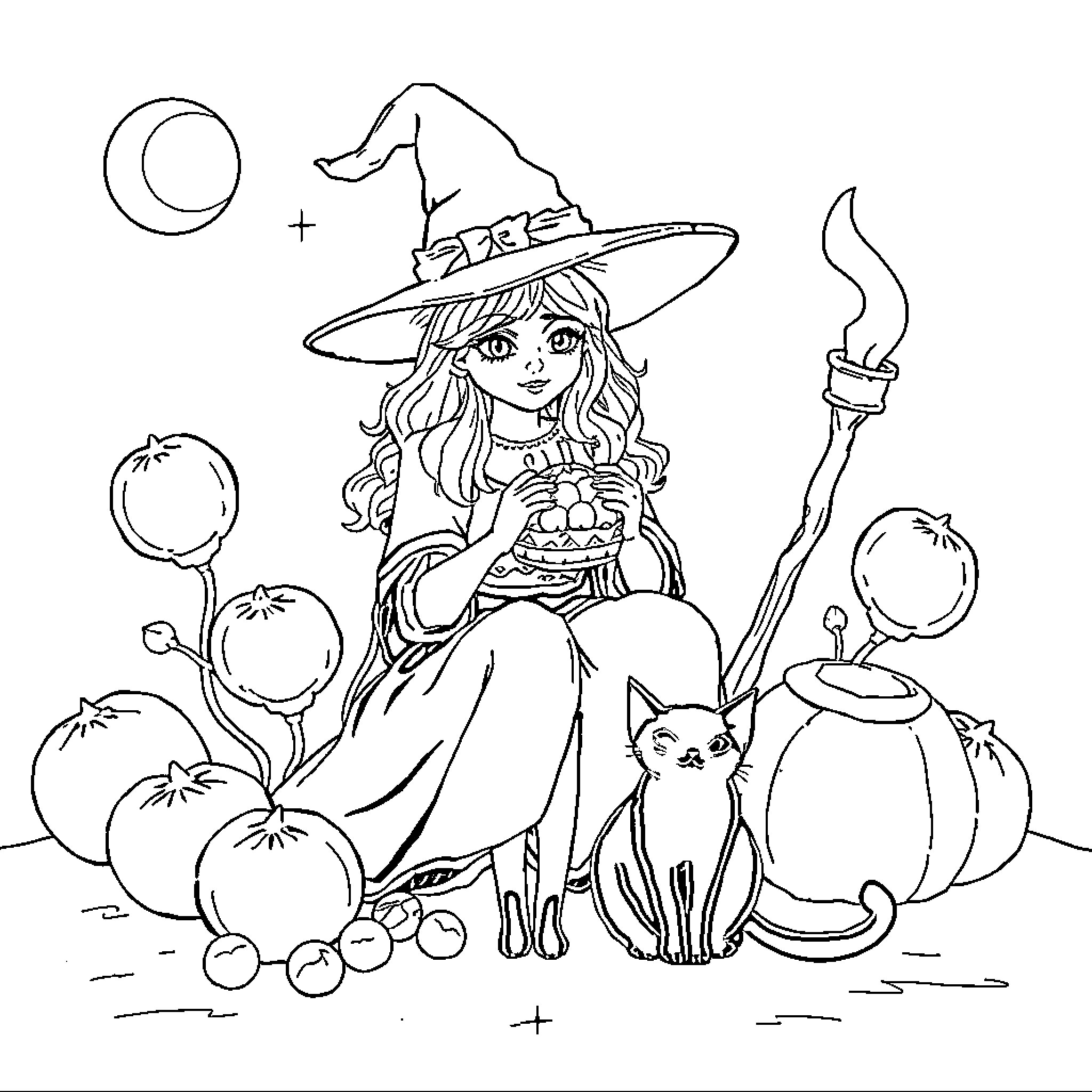 Sorcière enchantée avec son chat dans un jardin magique Coloring Page (free black-and-white line drawing printable PDF for all, from beginners to advanced learners, including children, teens, adults, and seniors)