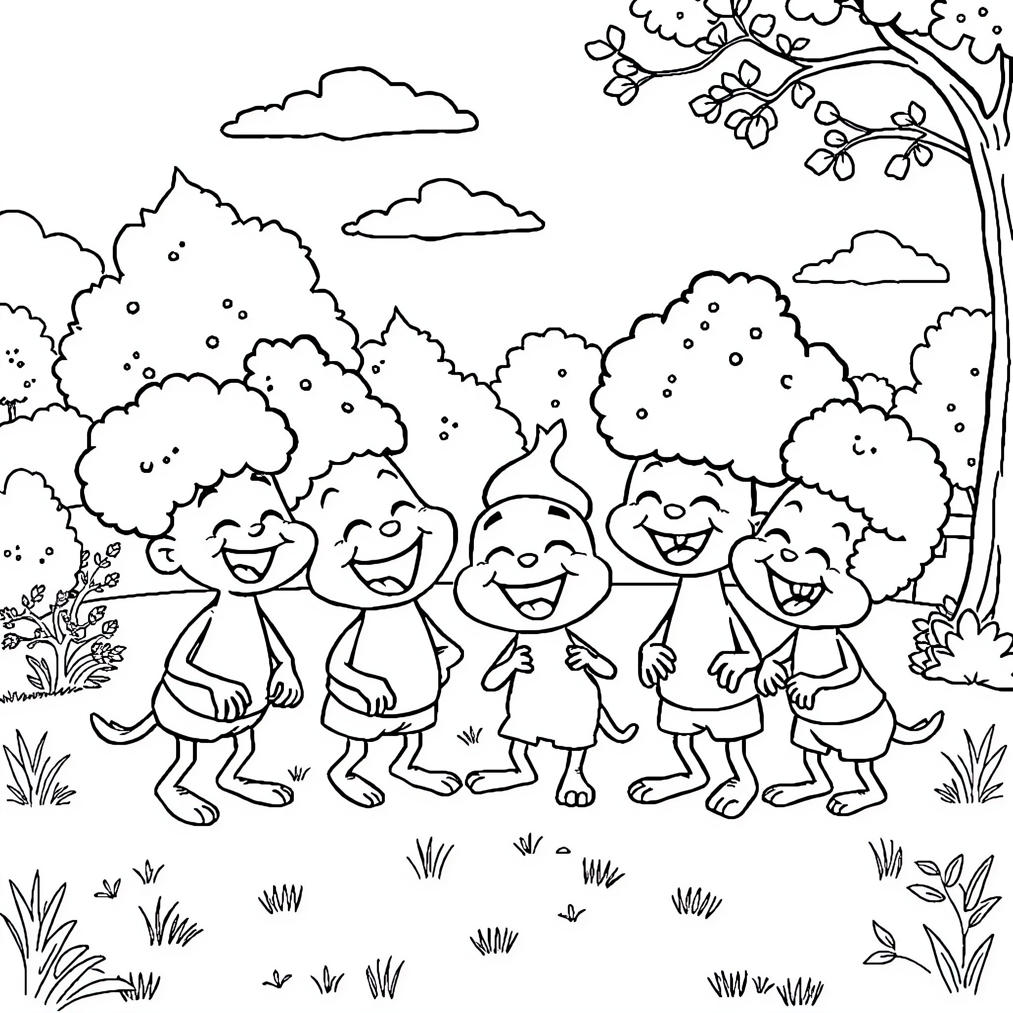 Sprunki characters playing joyfully in nature Coloring Page (free black-and-white line drawing printable PDF for all, from beginners to advanced learners, including children, teens, adults, and seniors)