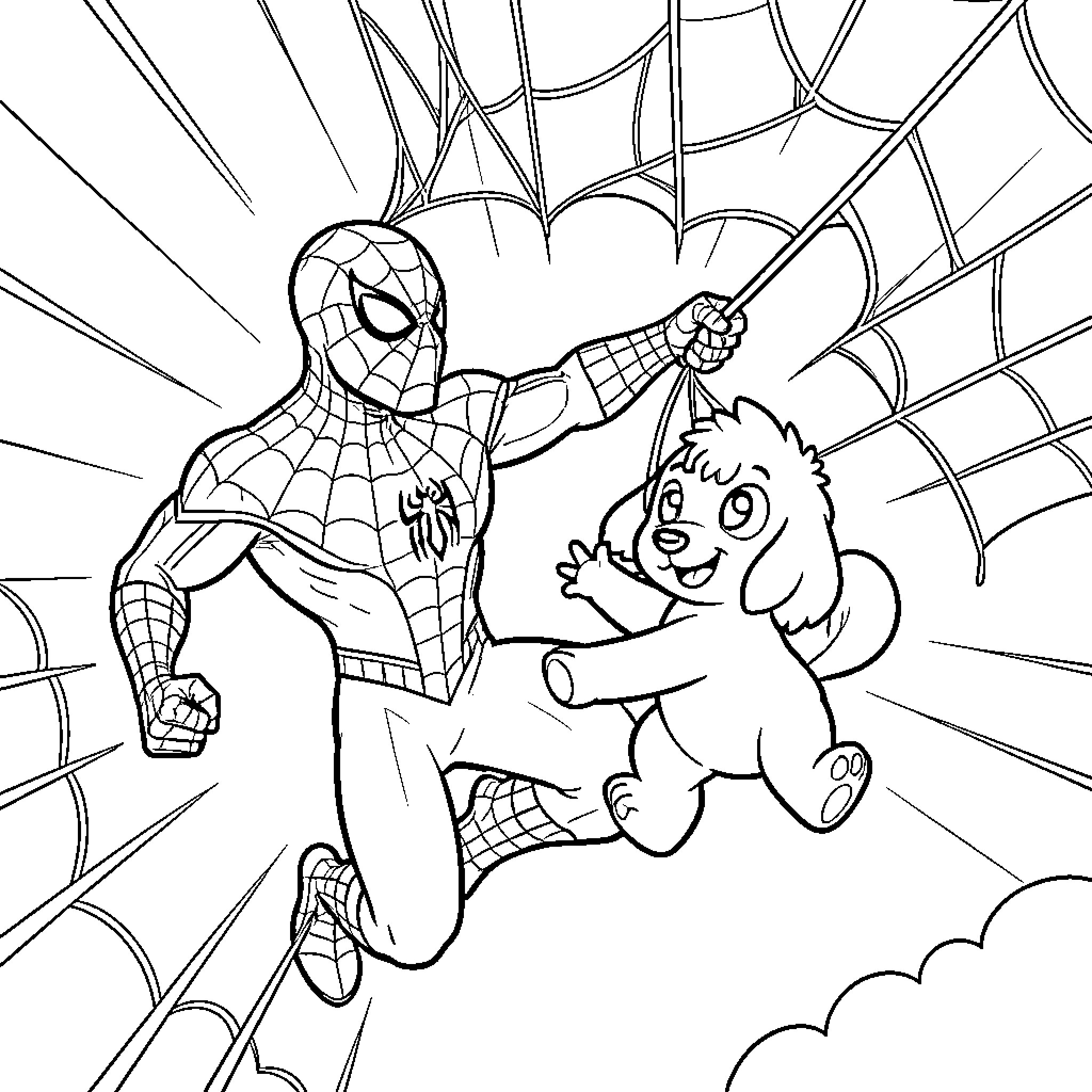 Spidey swinging through the air with a cute puppy Coloring Page (free black-and-white line drawing printable PDF for all, from beginners to advanced learners, including children, teens, adults, and seniors)