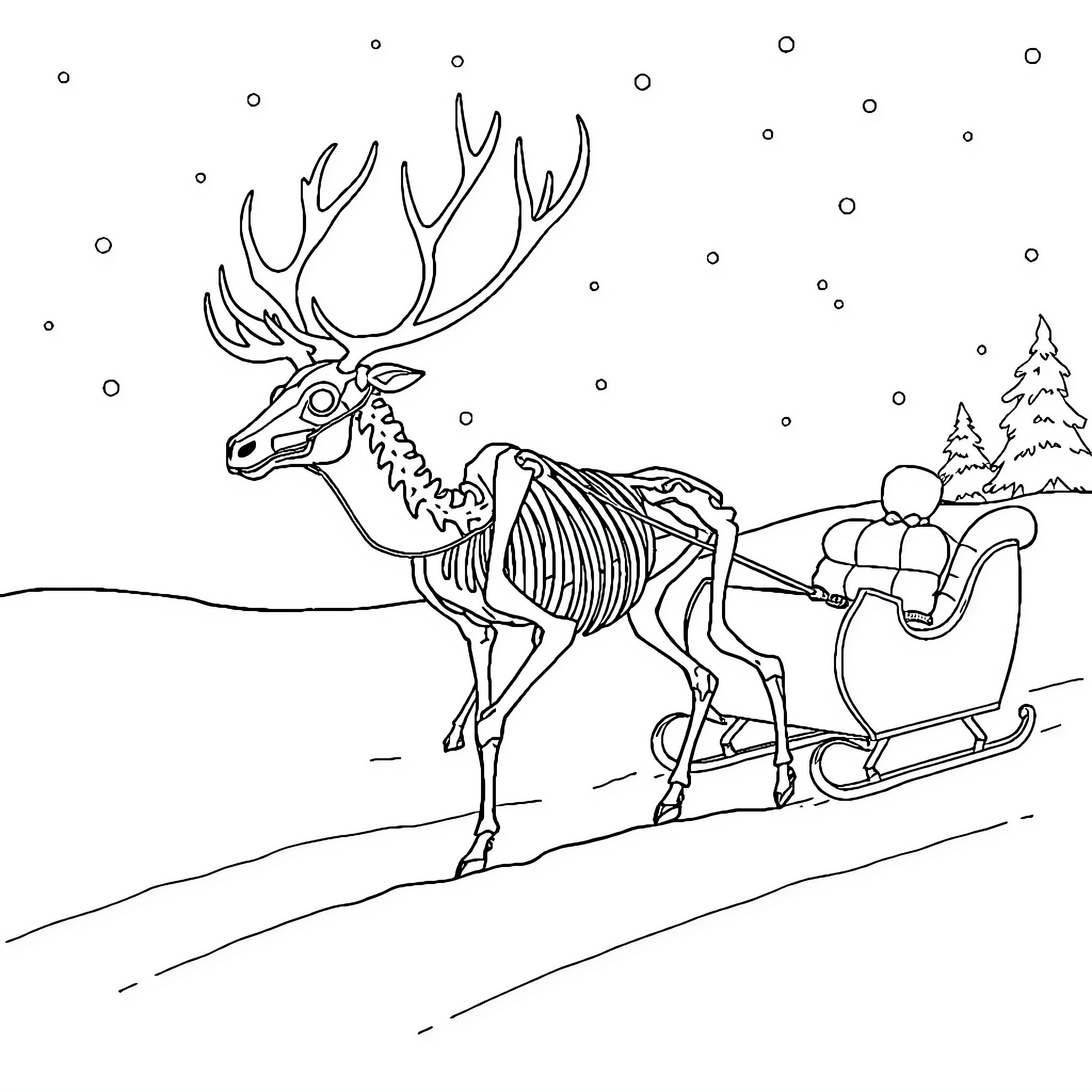 Reindeer skeleton pulling a sleigh through the snow Coloring Page (free black-and-white line drawing printable PDF for all, from beginners to advanced learners, including children, teens, adults, and seniors)