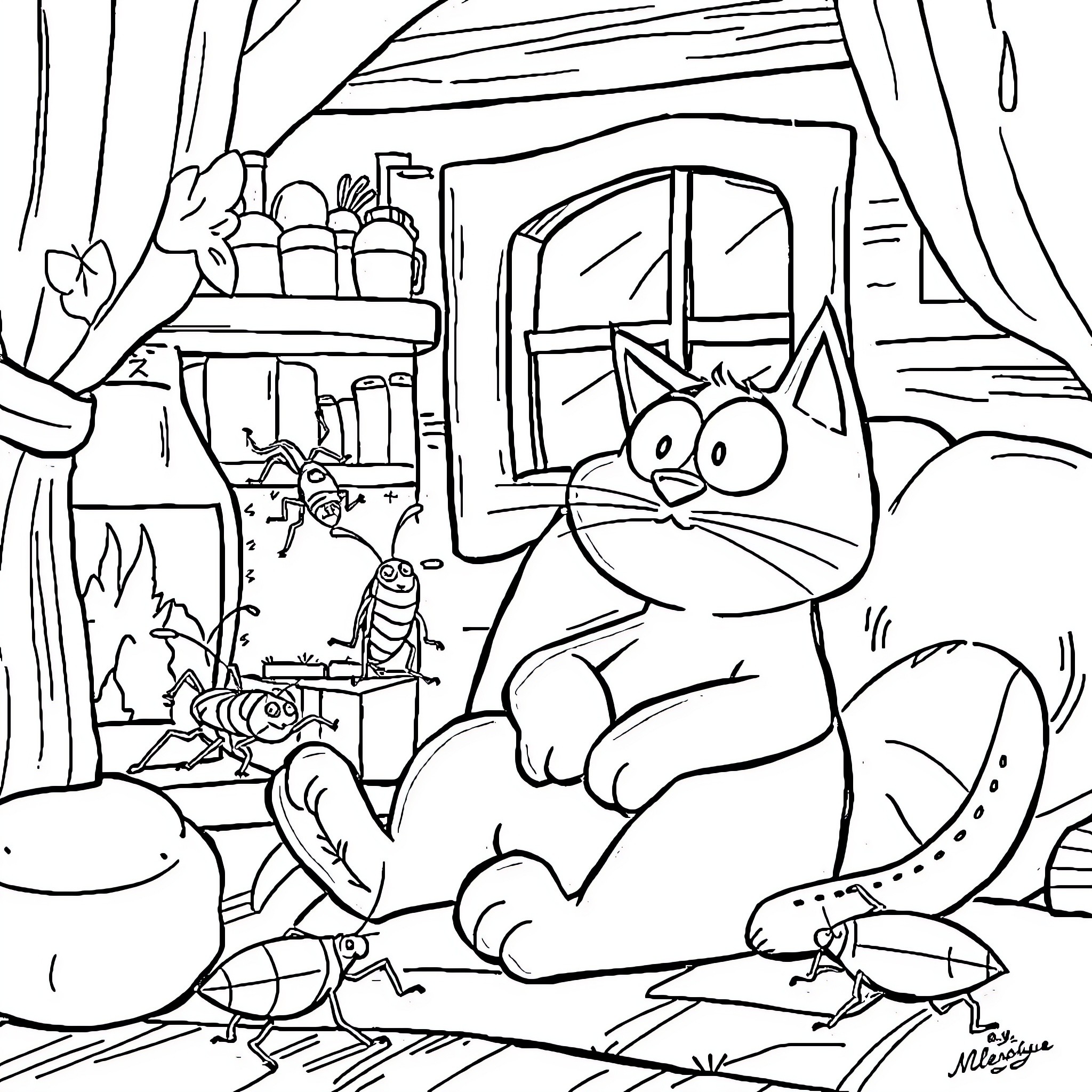 Oggy's Messy but Cozy Cottage Adventure Coloring Page (free black-and-white line drawing printable PDF for all, from beginners to advanced learners, including children, teens, adults, and seniors)
