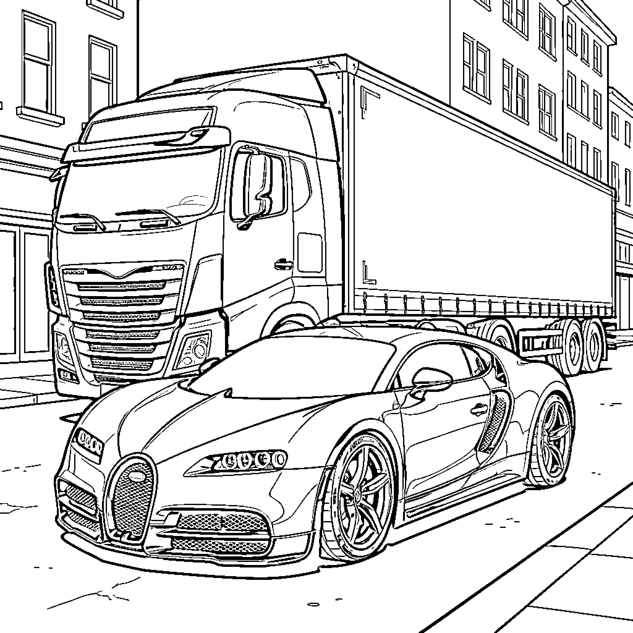 Vehicle driving through a busy city street scene Coloring Page (free black-and-white line drawing printable PDF for all, from beginners to advanced learners, including children, teens, adults, and seniors)