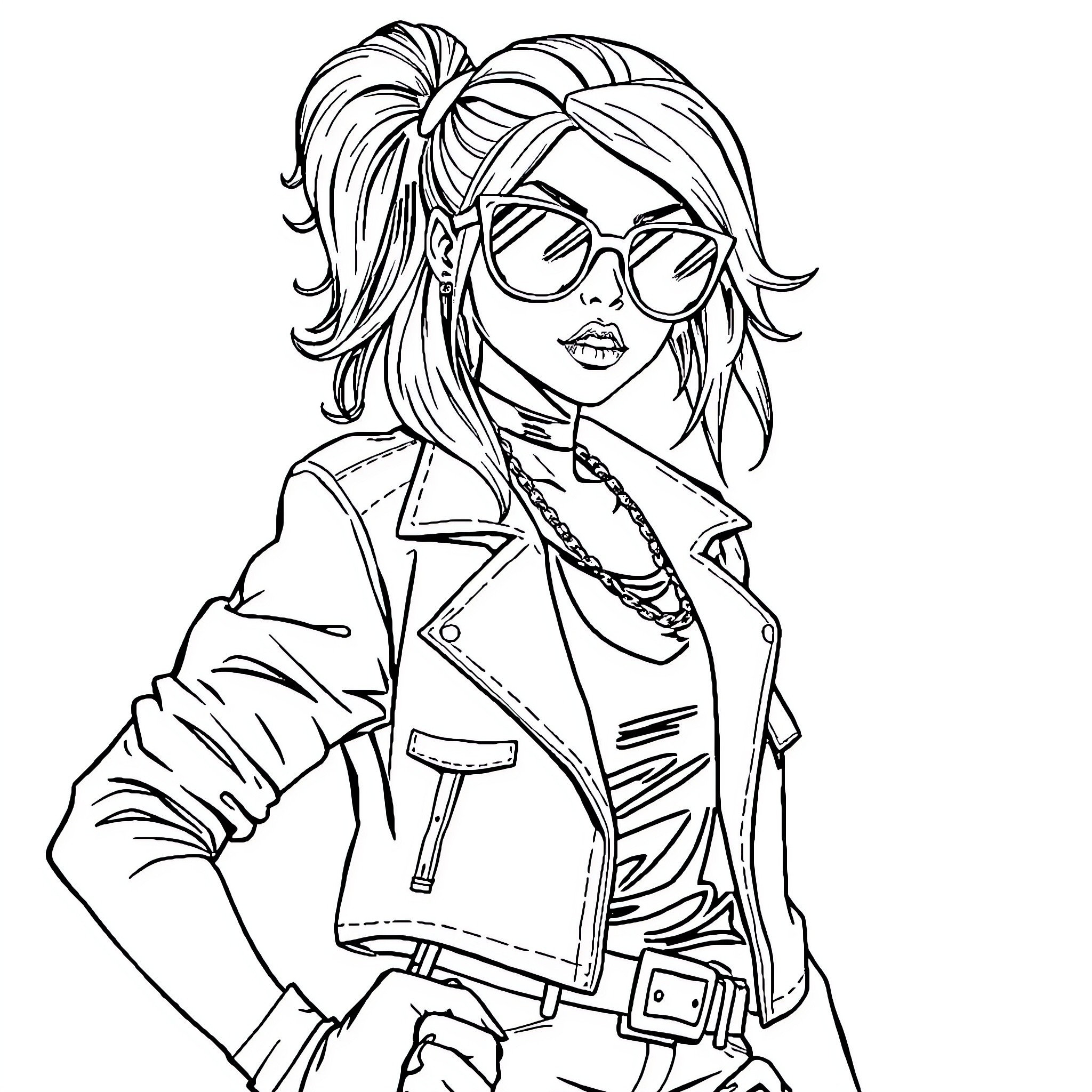 Baddie in Trendy Punk Rock Outfit Coloring Page (free black-and-white line drawing printable PDF for all, from beginners to advanced learners, including children, teens, adults, and seniors)