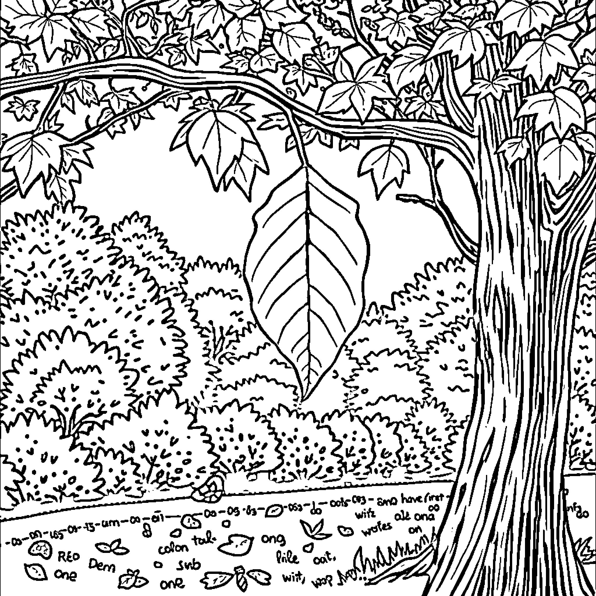 Leaf-filled forest scene with large tree Coloring Page (free black-and-white line drawing printable PDF for all, from beginners to advanced learners, including children, teens, adults, and seniors)