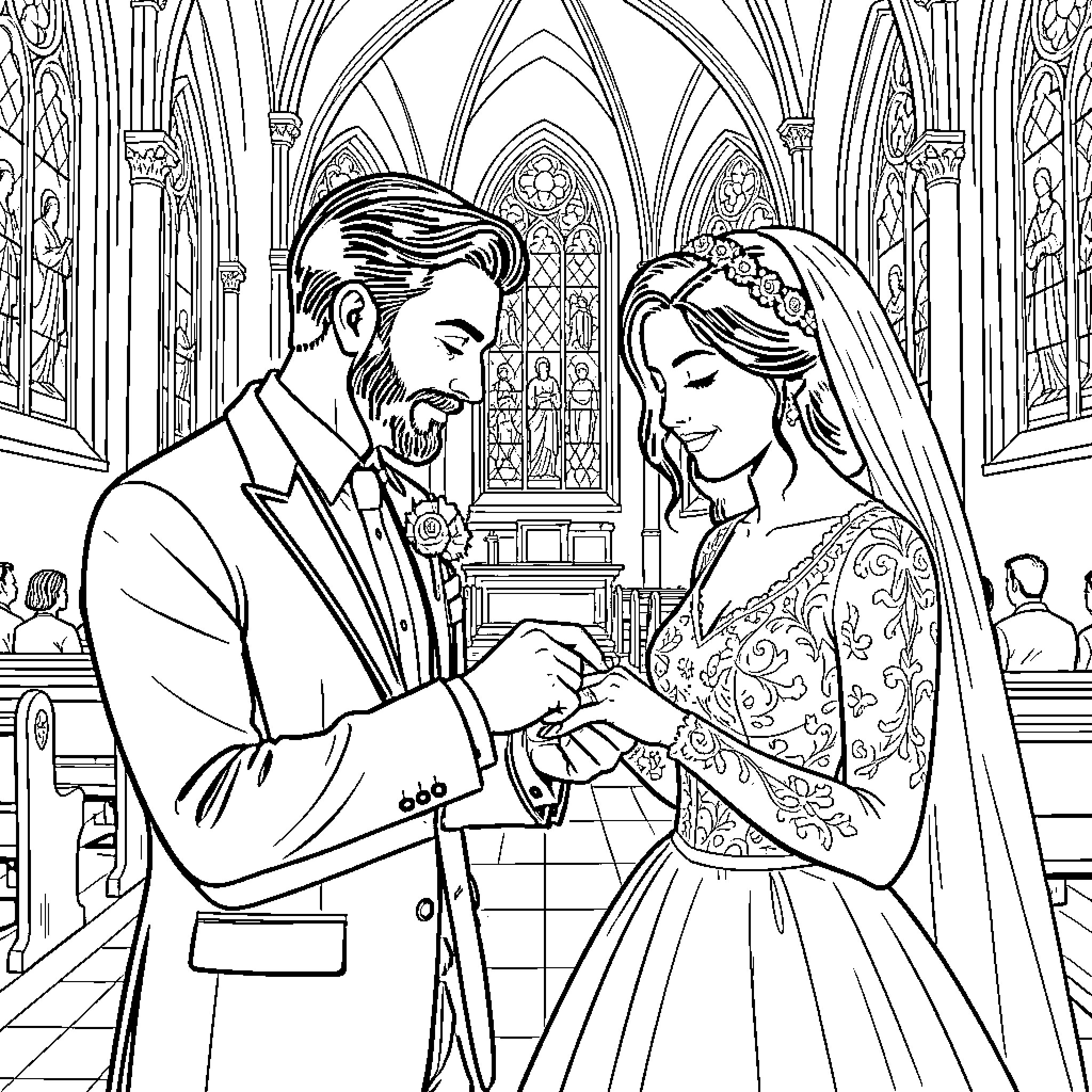 Sposo's Blessed Union in a Sacred Cathedral Coloring Page (free black-and-white line drawing printable PDF for all, from beginners to advanced learners, including children, teens, adults, and seniors)