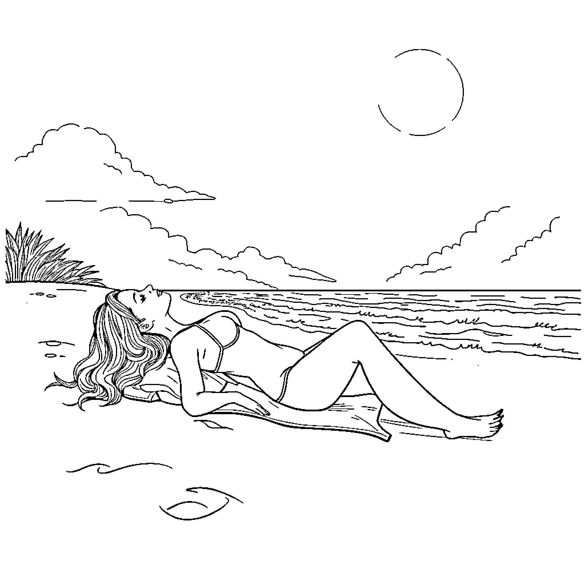 Chick relaxing on the beach under the moonlight Coloring Page (free black-and-white line drawing printable PDF for all, from beginners to advanced learners, including children, teens, adults, and seniors)