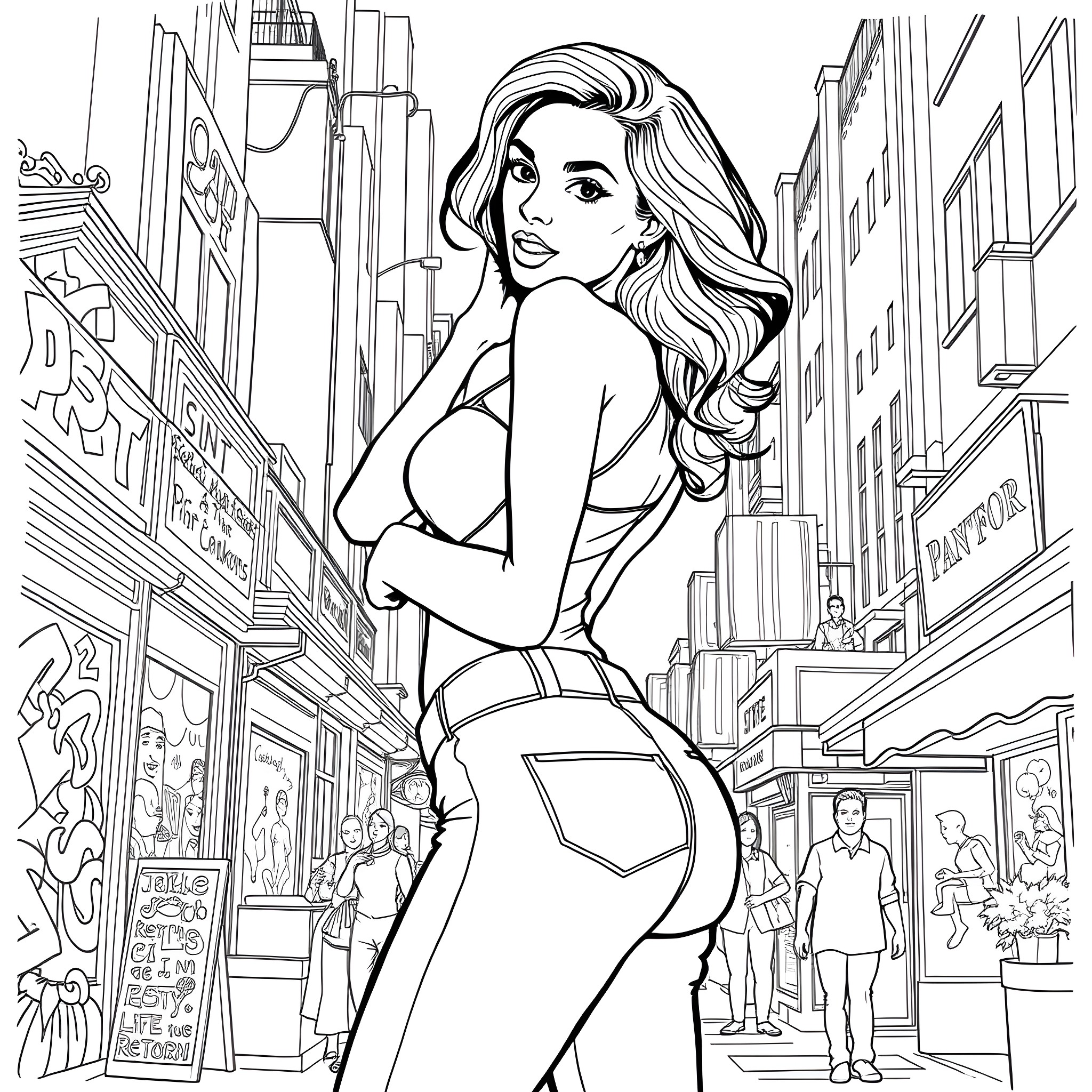 Girl exploring the lively city streets Coloring Page (free black-and-white line drawing printable PDF for all, from beginners to advanced learners, including children, teens, adults, and seniors)