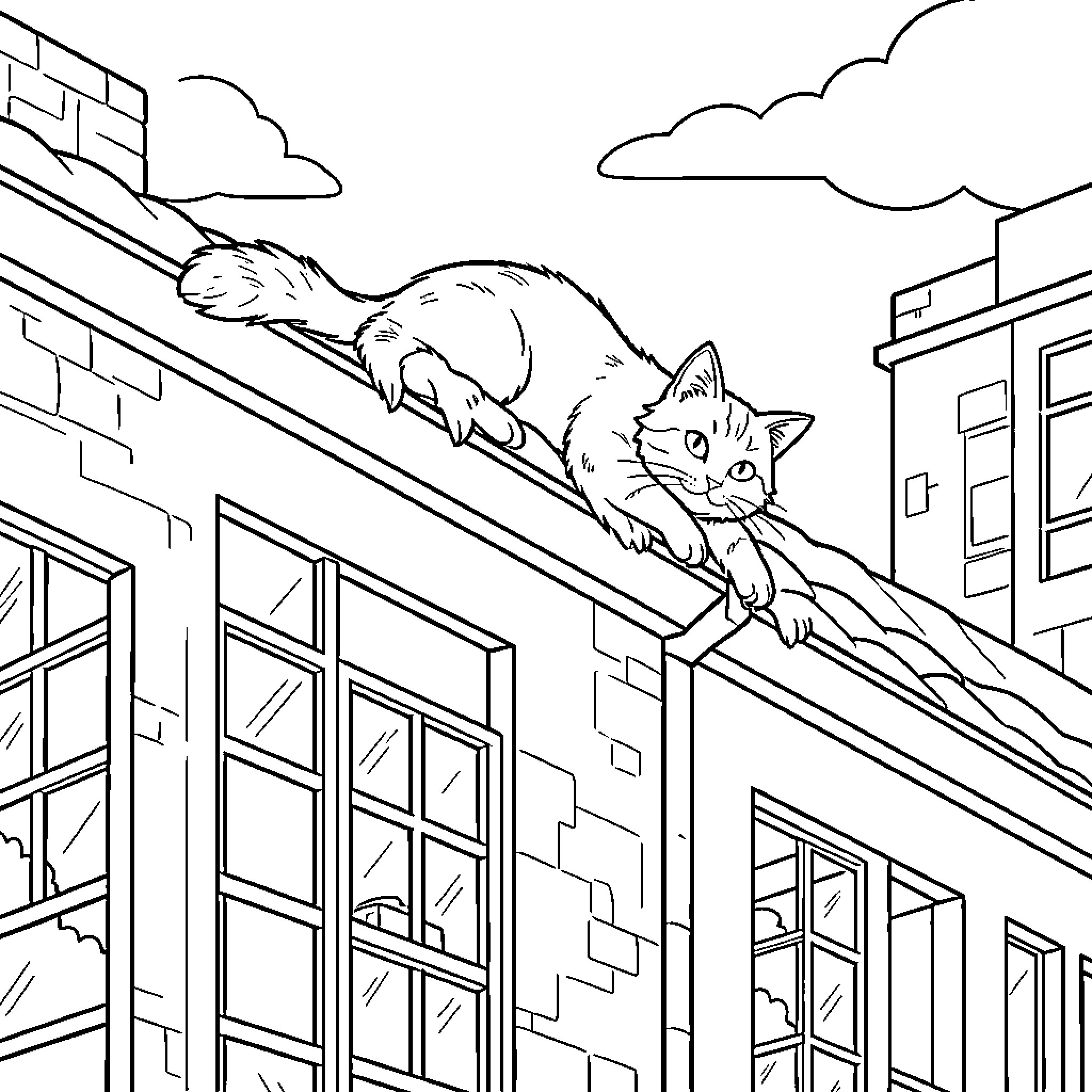 Cat Relaxing on Rooftop of Urban Building Coloring Page (free black-and-white line drawing printable PDF for all, from beginners to advanced learners, including children, teens, adults, and seniors)