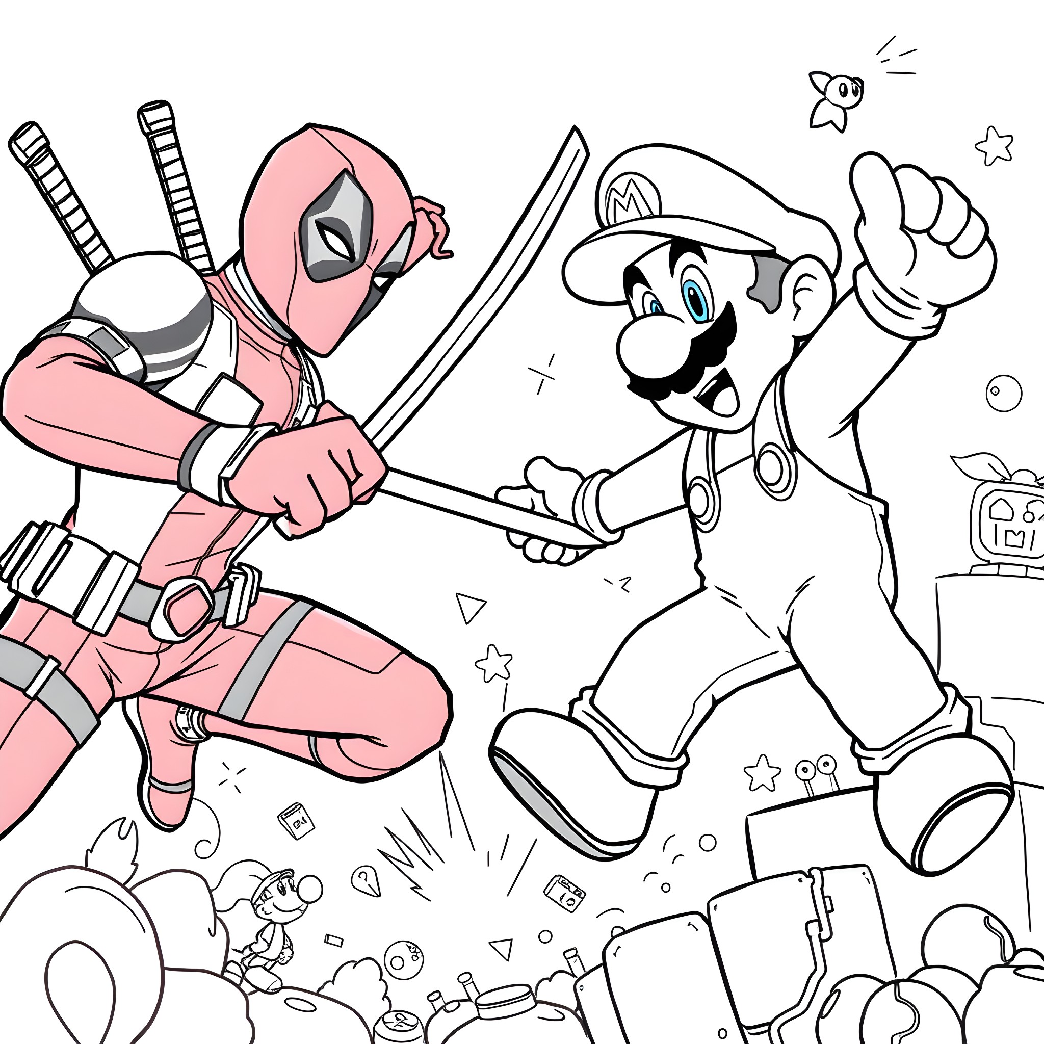 Deadpool's Mischievous Encounter with Mario Coloring Page (free black-and-white line drawing printable PDF for all, from beginners to advanced learners, including children, teens, adults, and seniors)