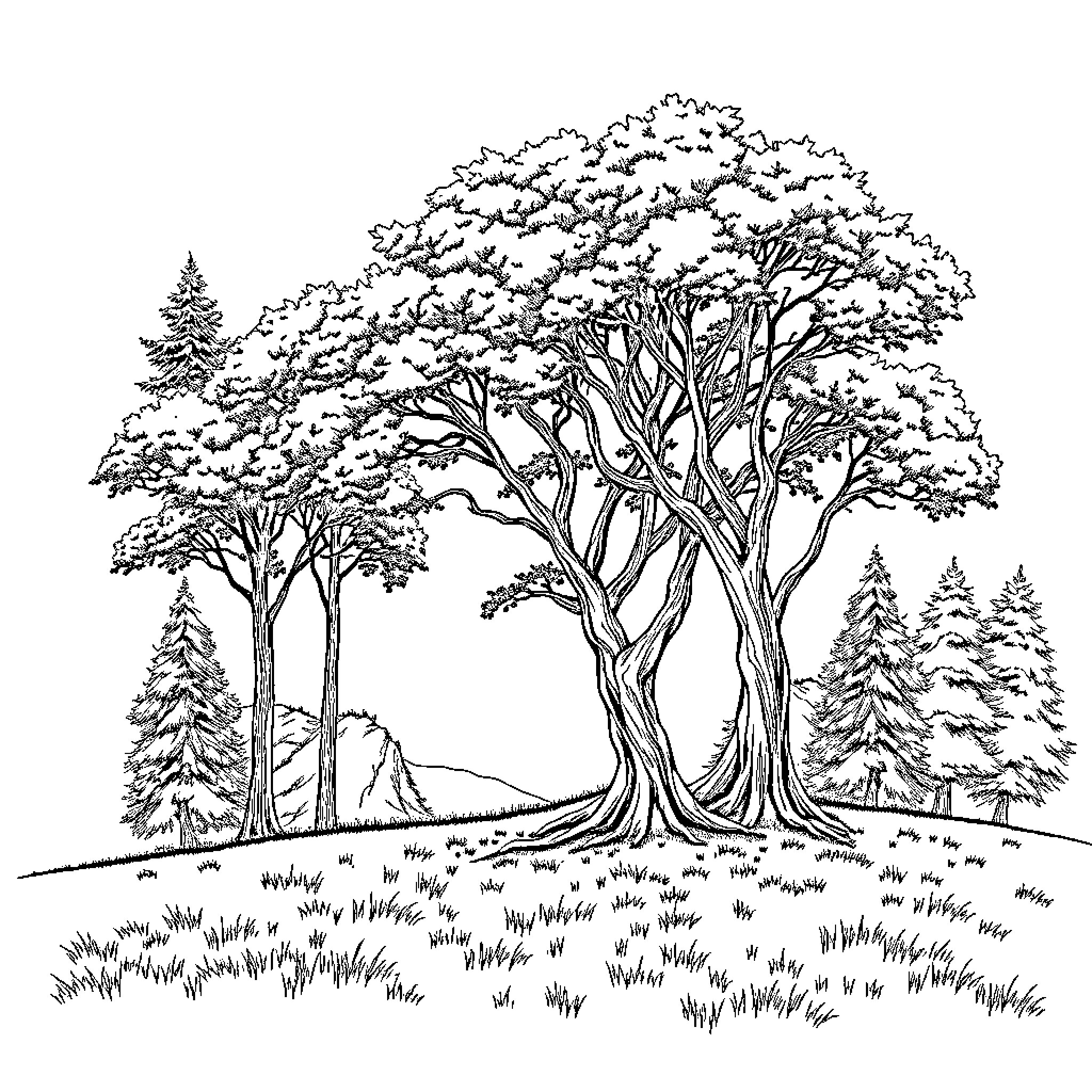 Tree-lined forest landscape with snowy branches Coloring Page (free black-and-white line drawing printable PDF for all, from beginners to advanced learners, including children, teens, adults, and seniors)