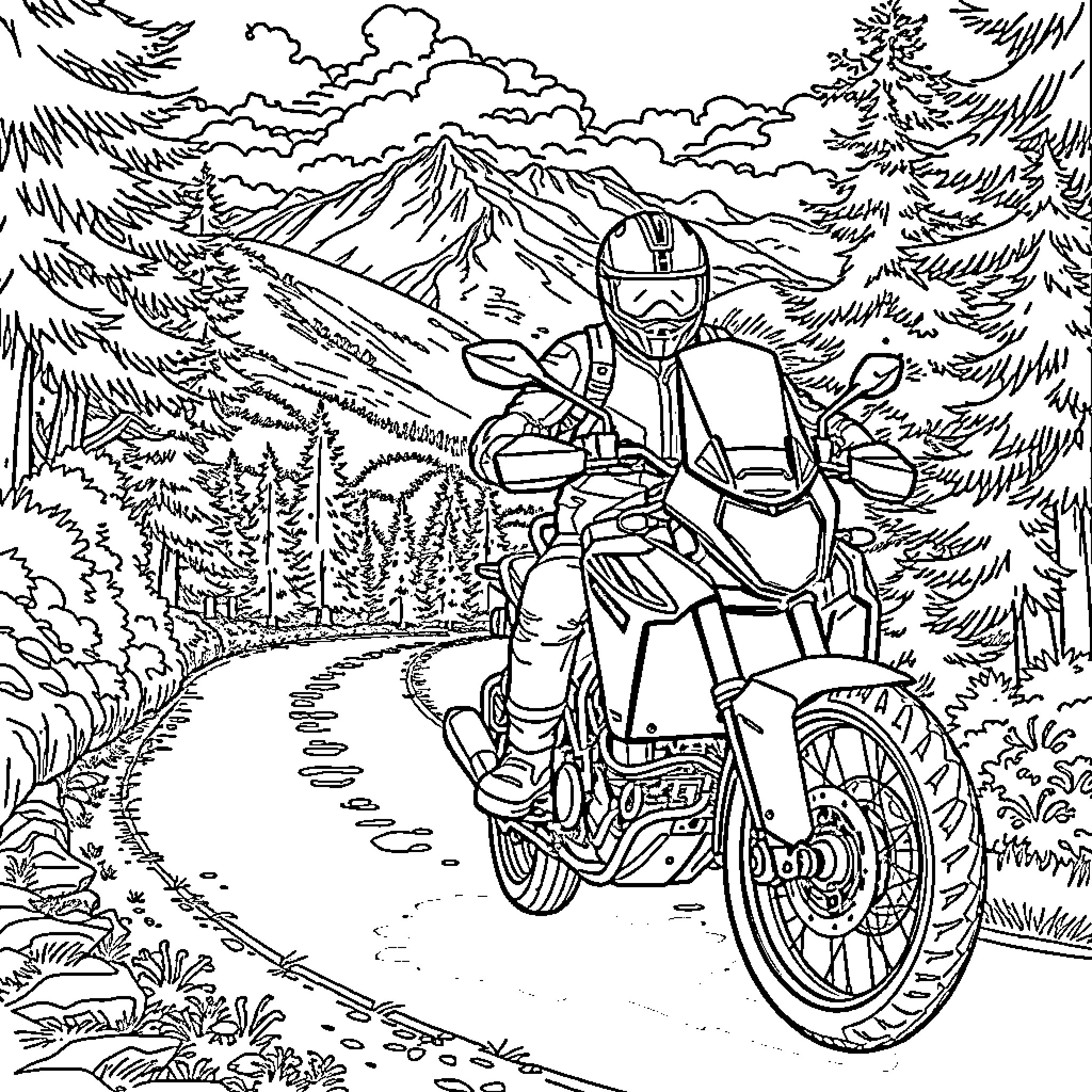 Motard Exploring the Scenic Mountain Road Coloring Page (free black-and-white line drawing printable PDF for all, from beginners to advanced learners, including children, teens, adults, and seniors)