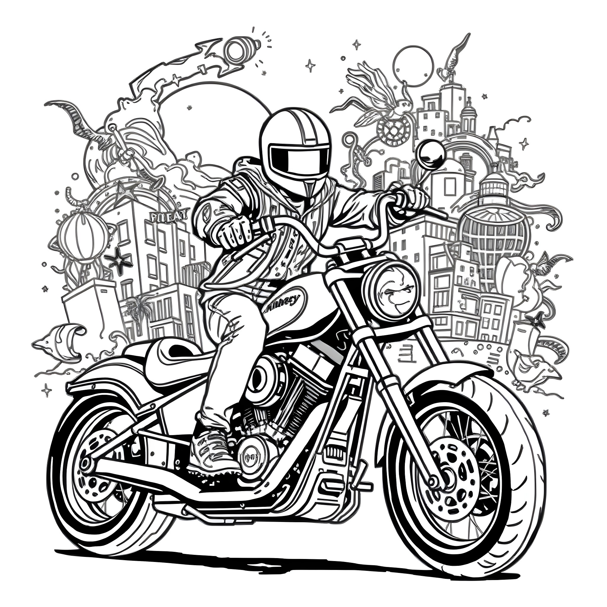 Chopper rider speeding through a surreal cityscape Coloring Page (free black-and-white line drawing printable PDF for all, from beginners to advanced learners, including children, teens, adults, and seniors)
