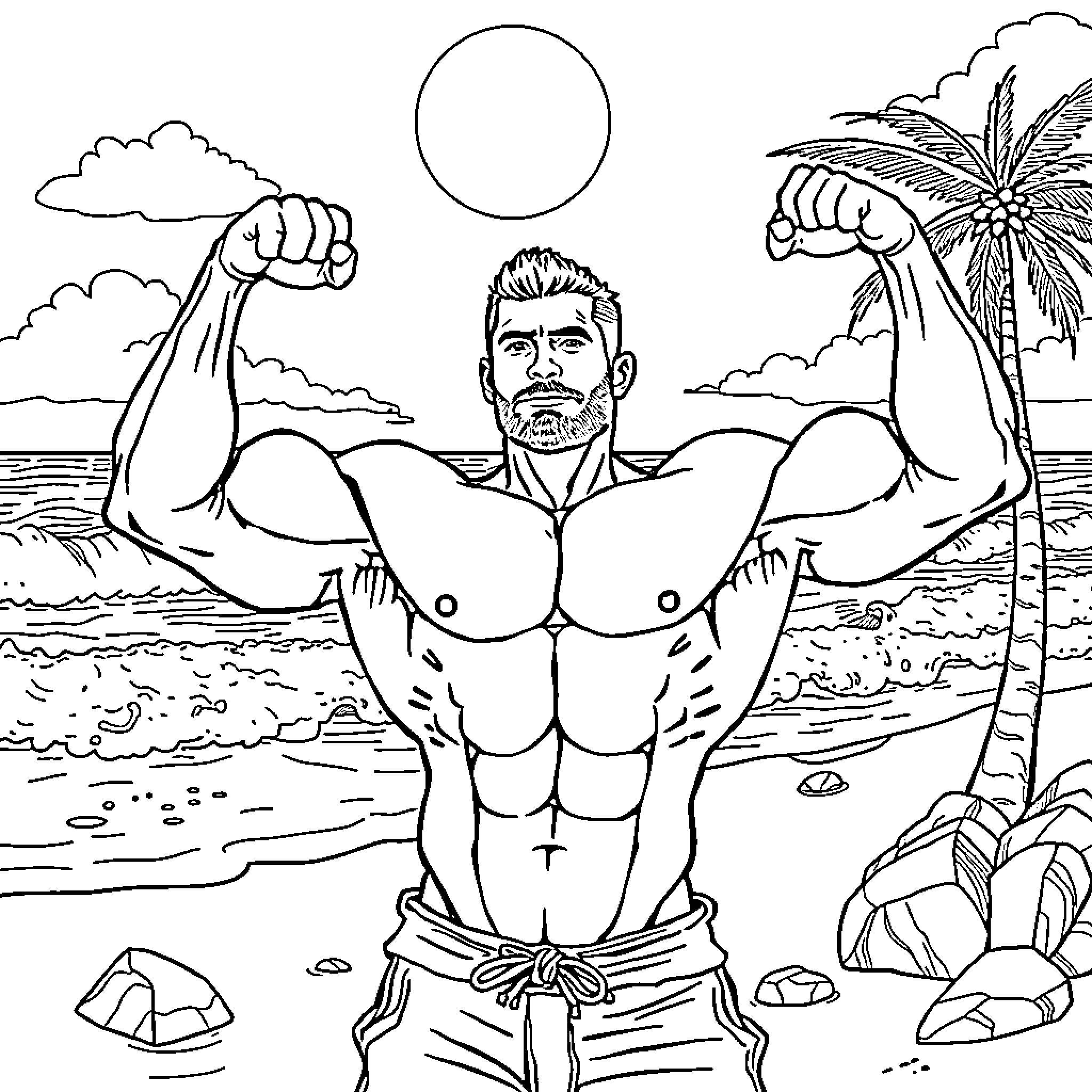 Bodybuilder flexing muscles on tropical beach Coloring Page (free black-and-white line drawing printable PDF for all, from beginners to advanced learners, including children, teens, adults, and seniors)