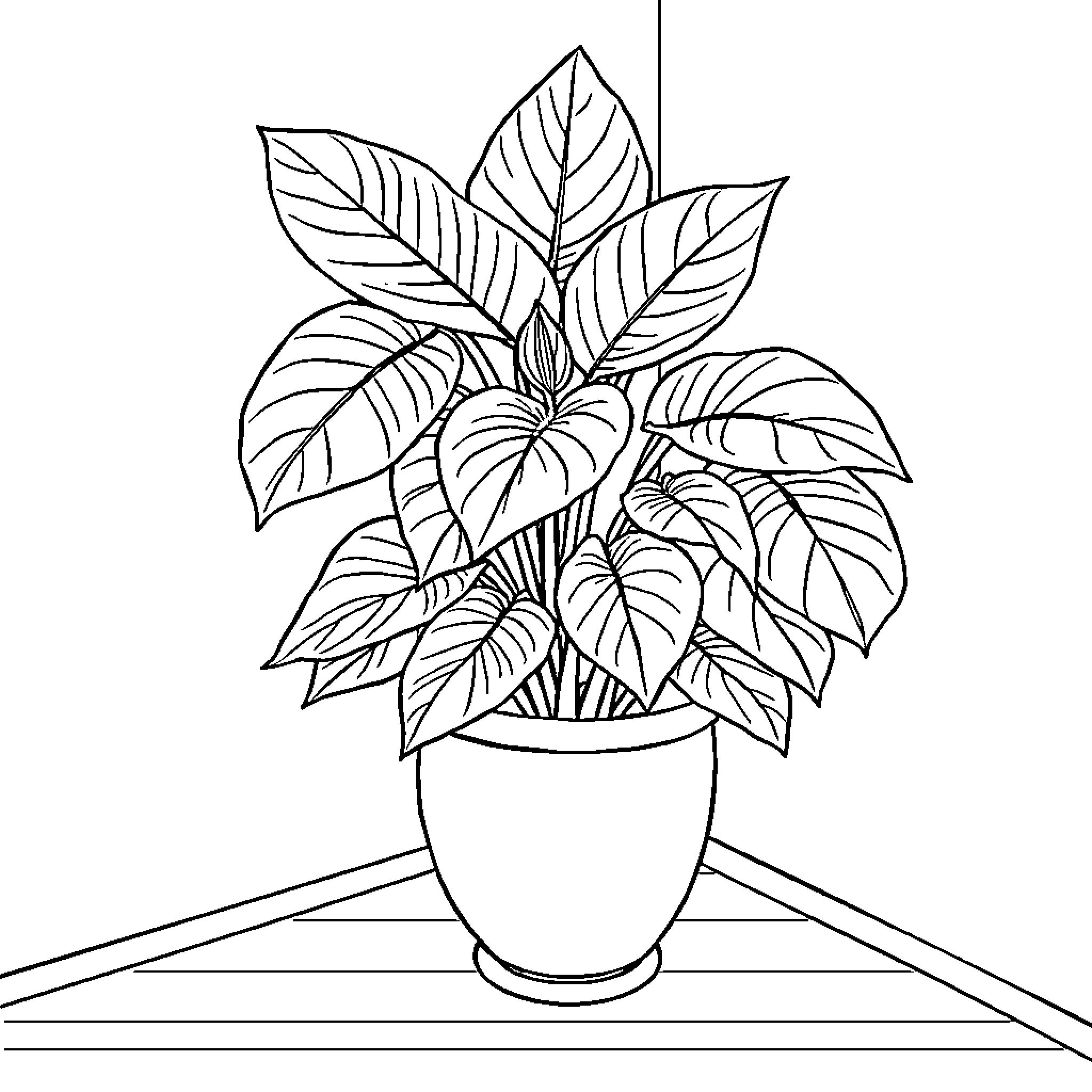 Philodendron plant in a decorative vase Coloring Page (free black-and-white line drawing printable PDF for all, from beginners to advanced learners, including children, teens, adults, and seniors)