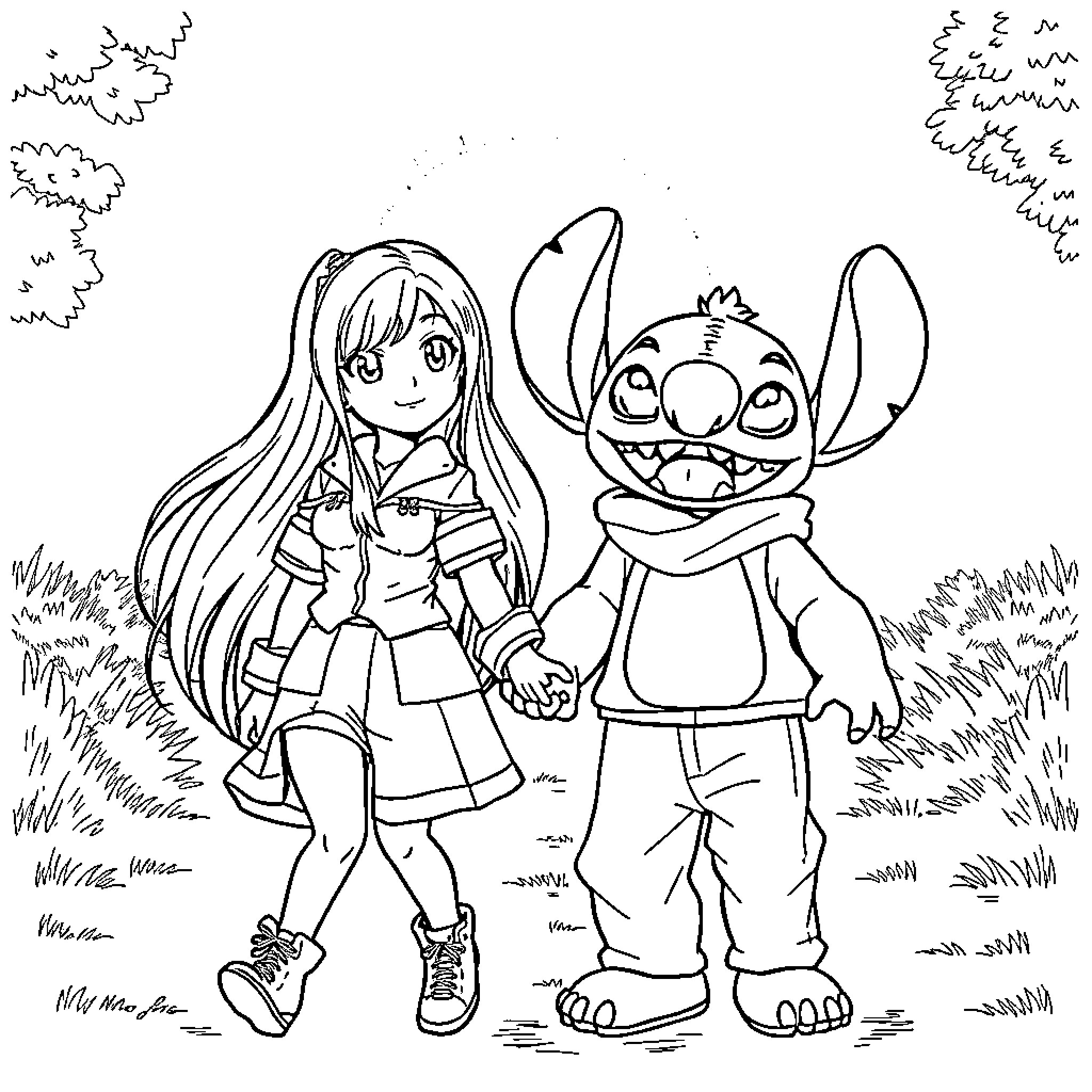 Rumi and Stitch's Friendly Encounter Coloring Page (free black-and-white line drawing printable PDF for all, from beginners to advanced learners, including children, teens, adults, and seniors)
