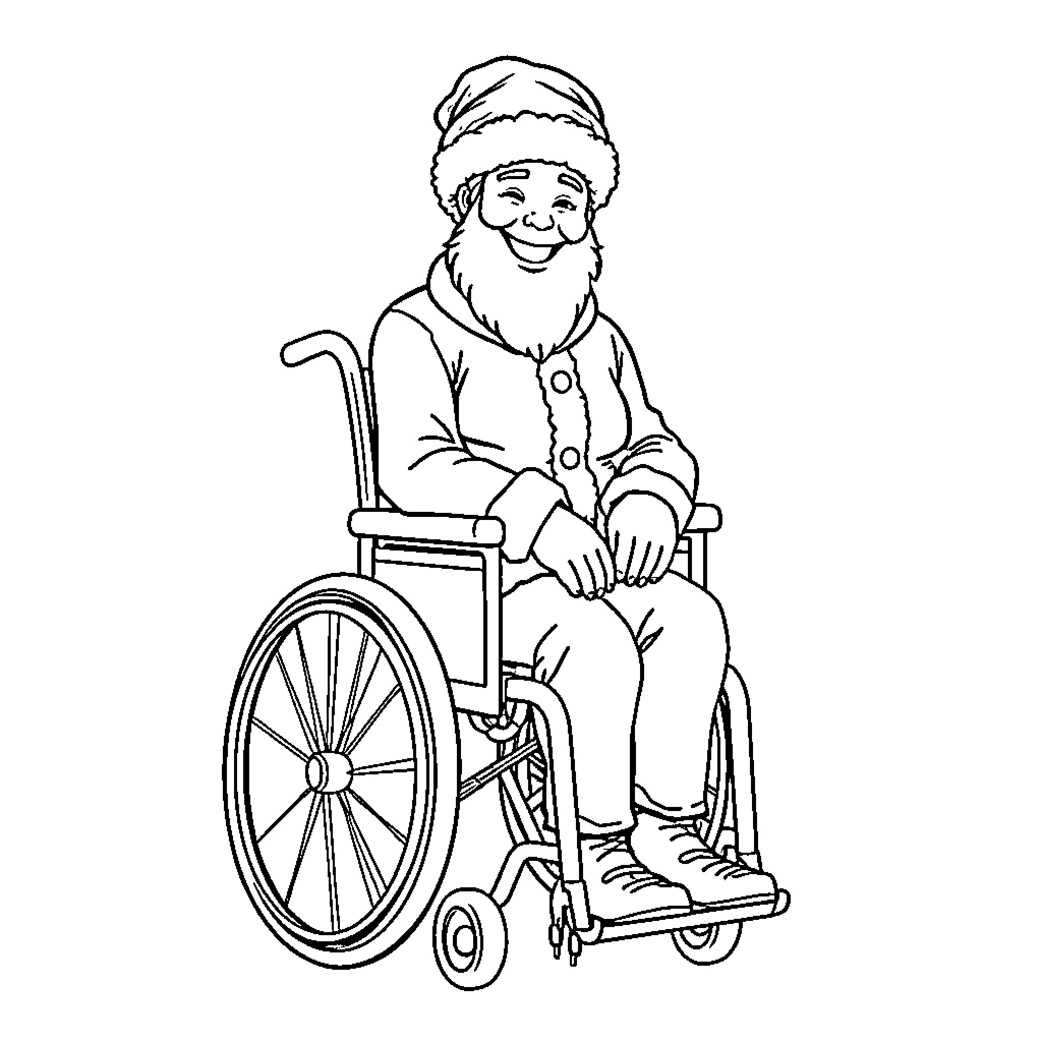 Person in Santa costume sitting in wheelchair Coloring Page (free black-and-white line drawing printable PDF for all, from beginners to advanced learners, including children, teens, adults, and seniors)