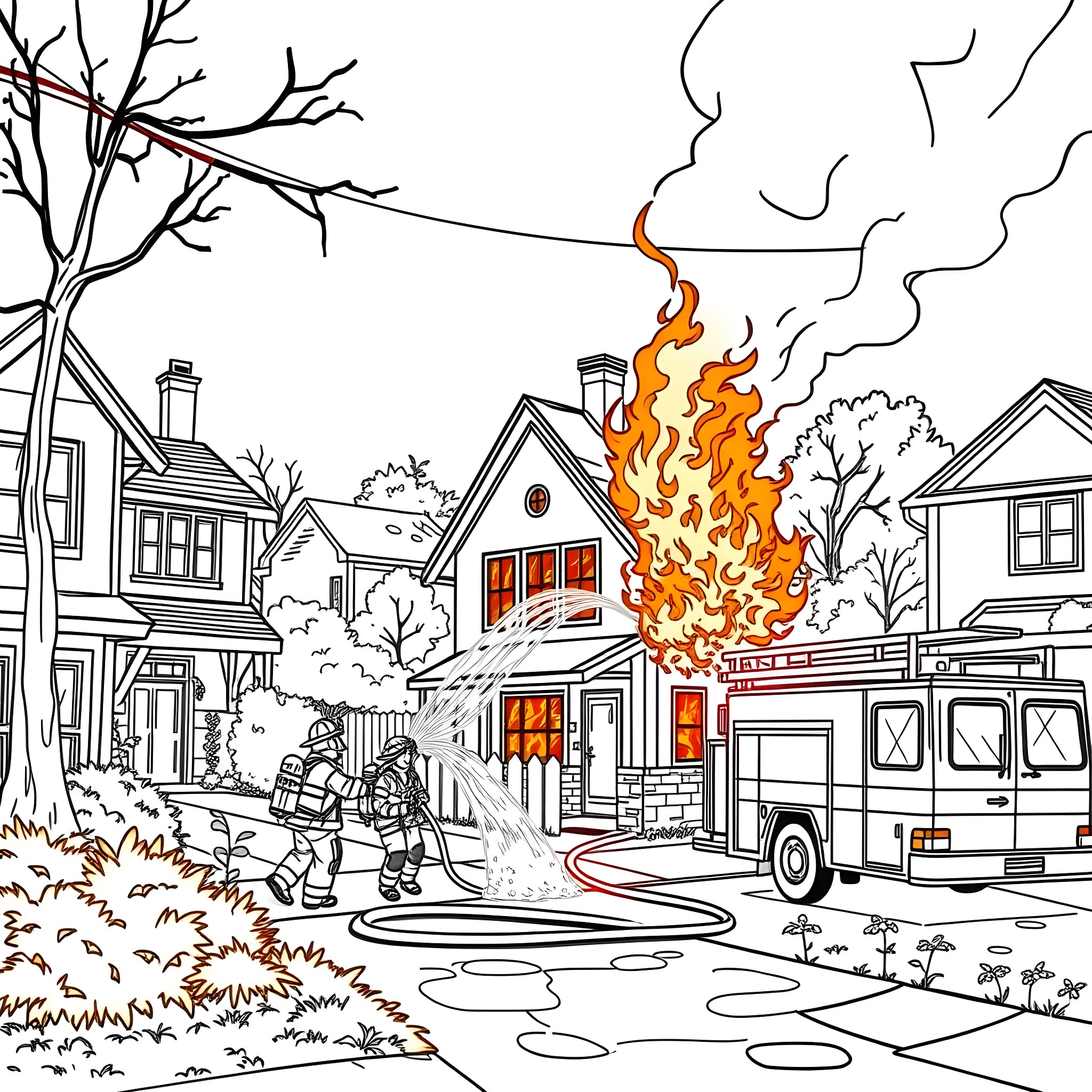 Firefighters responding to a house fire in a neighborhood Coloring Page (free black-and-white line drawing printable PDF for all, from beginners to advanced learners, including children, teens, adults, and seniors)