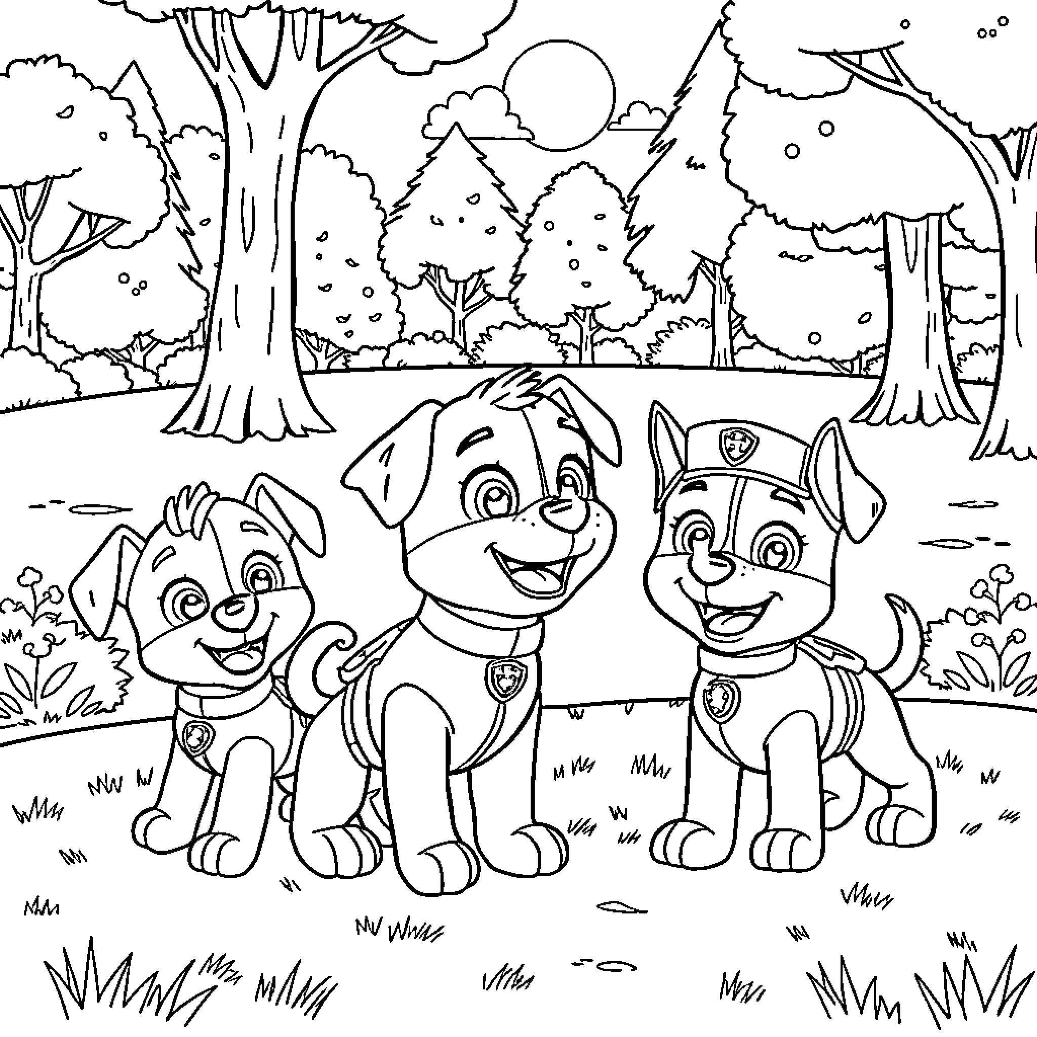 Paw Patrol characters enjoying the forest scenery Coloring Page (free black-and-white line drawing printable PDF for all, from beginners to advanced learners, including children, teens, adults, and seniors)