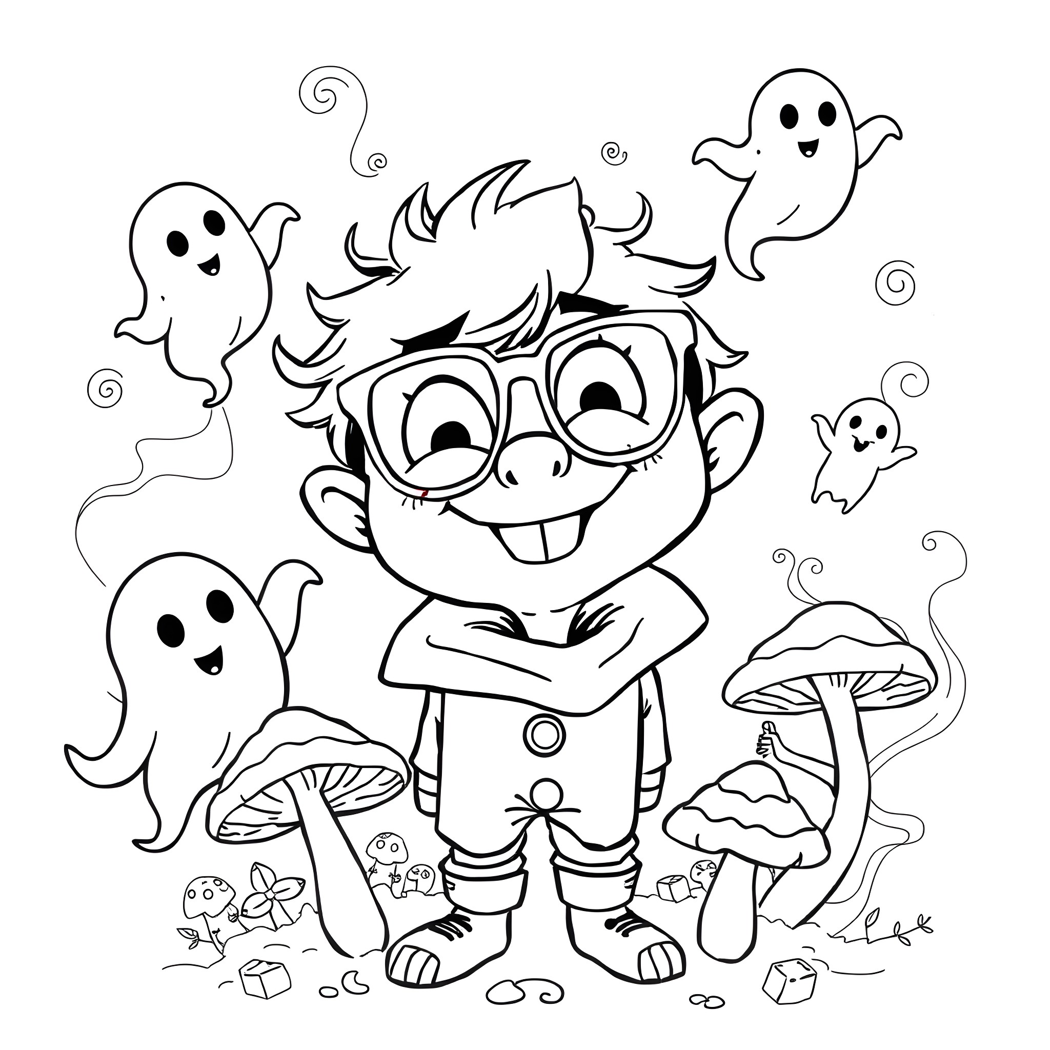 Stoner kid enjoying the company of ghostly friends Coloring Page (free black-and-white line drawing printable PDF for all, from beginners to advanced learners, including children, teens, adults, and seniors)