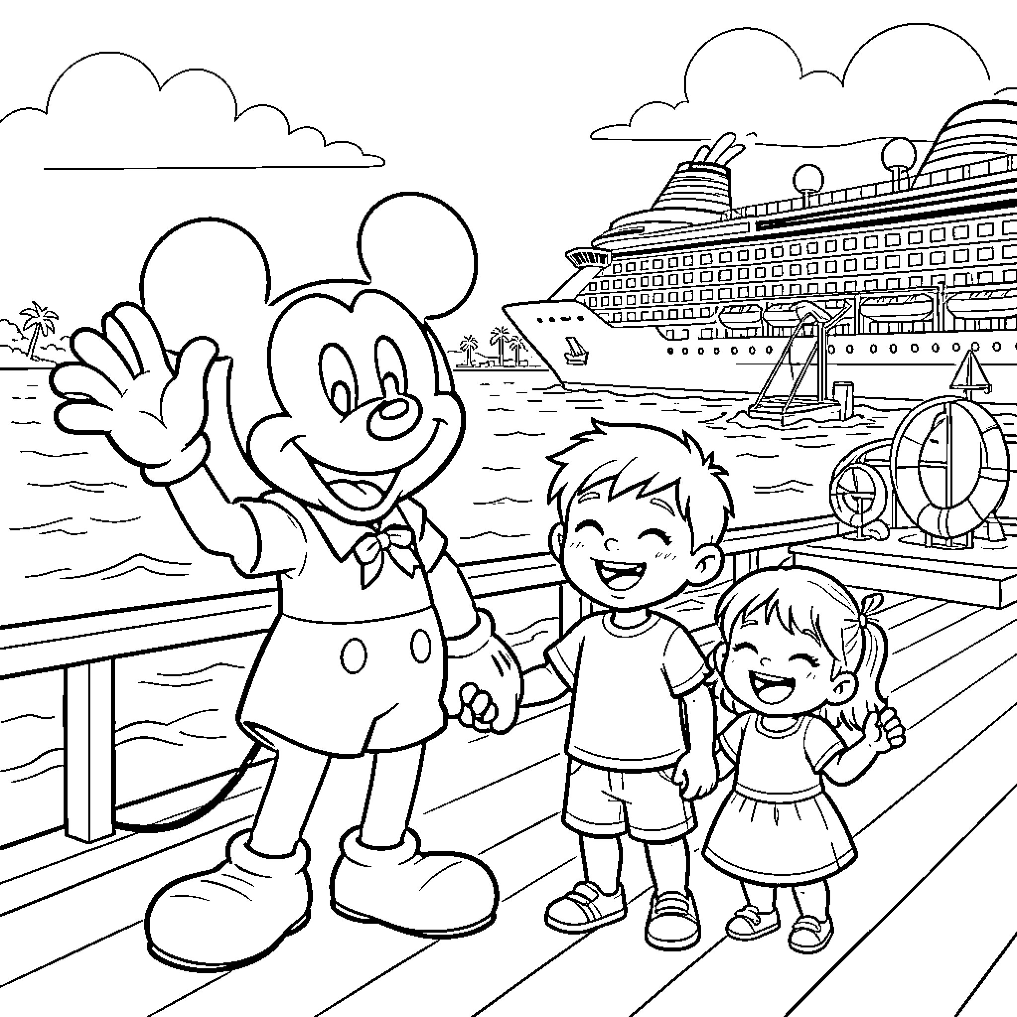 Mickey Mouse waving and holding hands with children Coloring Page (free black-and-white line drawing printable PDF for all, from beginners to advanced learners, including children, teens, adults, and seniors)