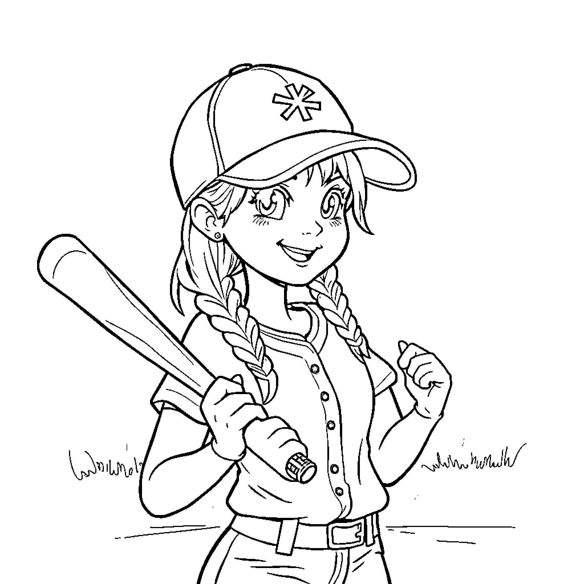 Karen's Exciting Baseball Adventure Coloring Page (free black-and-white line drawing printable PDF for all, from beginners to advanced learners, including children, teens, adults, and seniors)