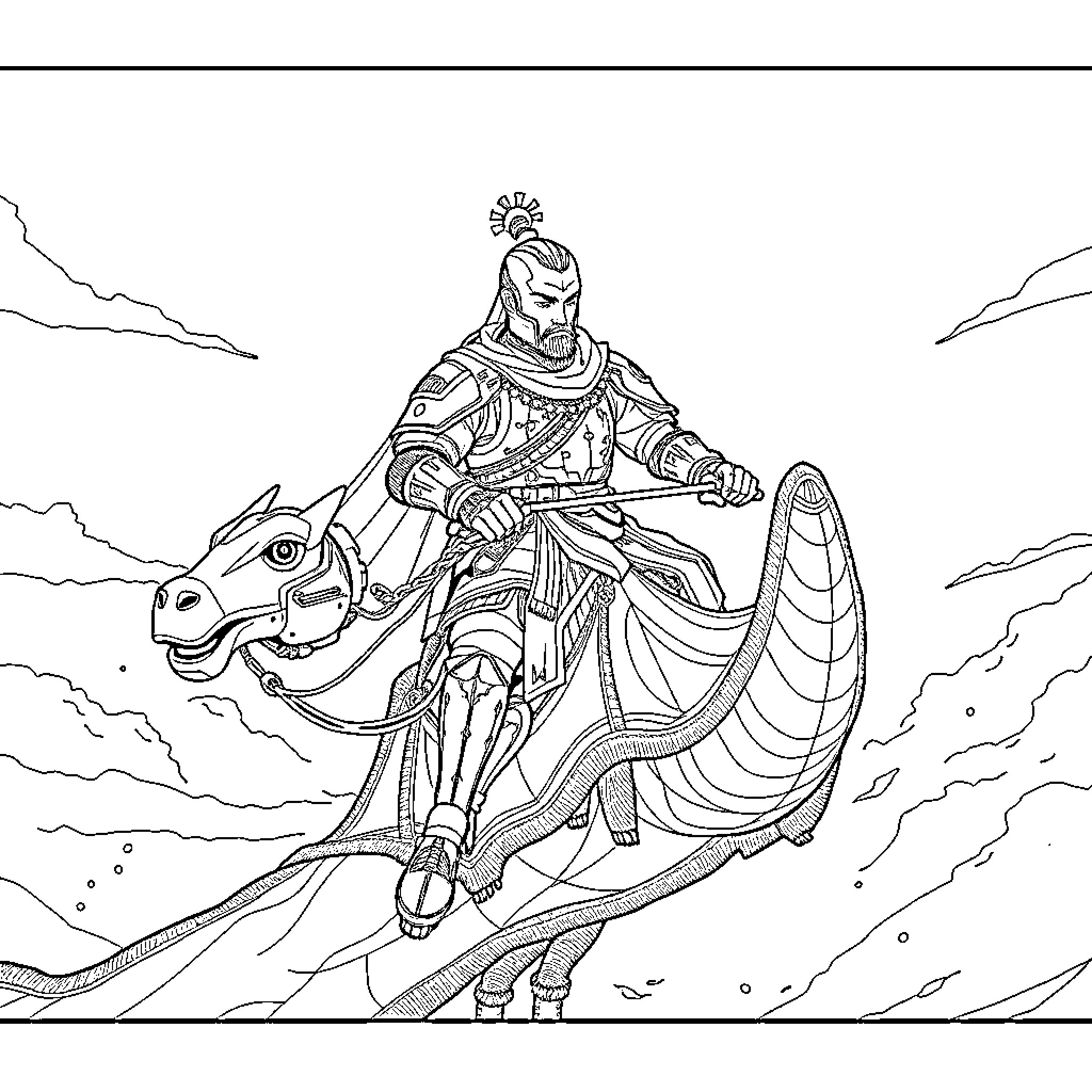 Warrior riding a fierce and majestic horse Coloring Page (free black-and-white line drawing printable PDF for all, from beginners to advanced learners, including children, teens, adults, and seniors)