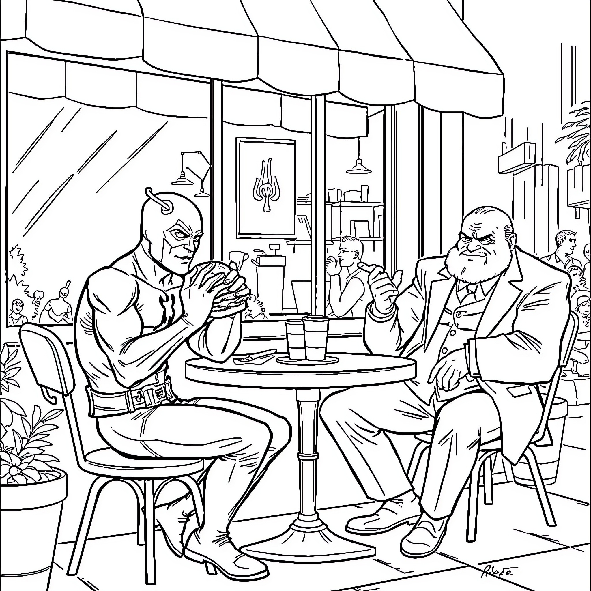 Daredevil and the Professor in a Cozy Cafe Coloring Page (free black-and-white line drawing printable PDF for all, from beginners to advanced learners, including children, teens, adults, and seniors)