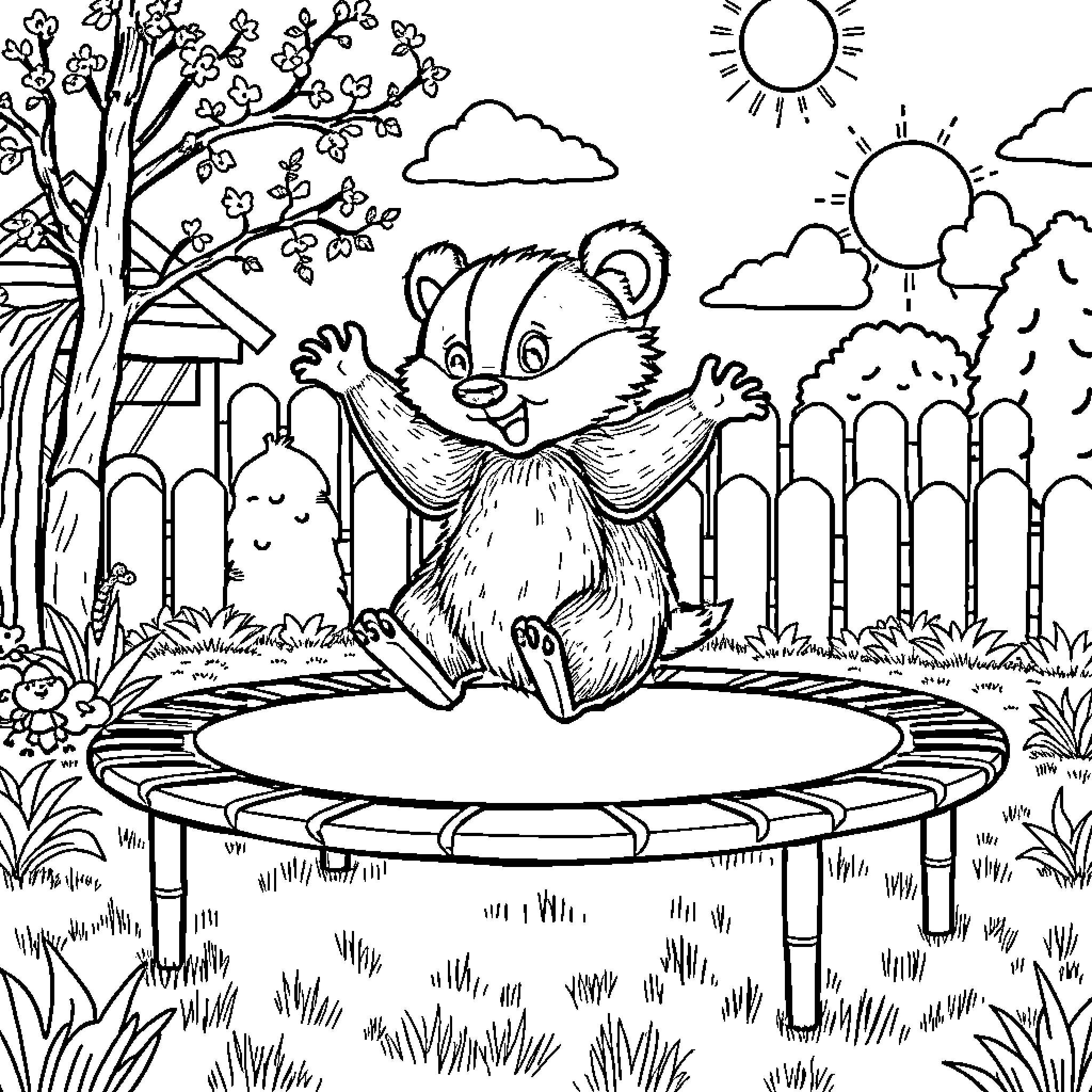 Badger Bouncing Joyfully on Trampoline in Nature Coloring Page (free black-and-white line drawing printable PDF for all, from beginners to advanced learners, including children, teens, adults, and seniors)