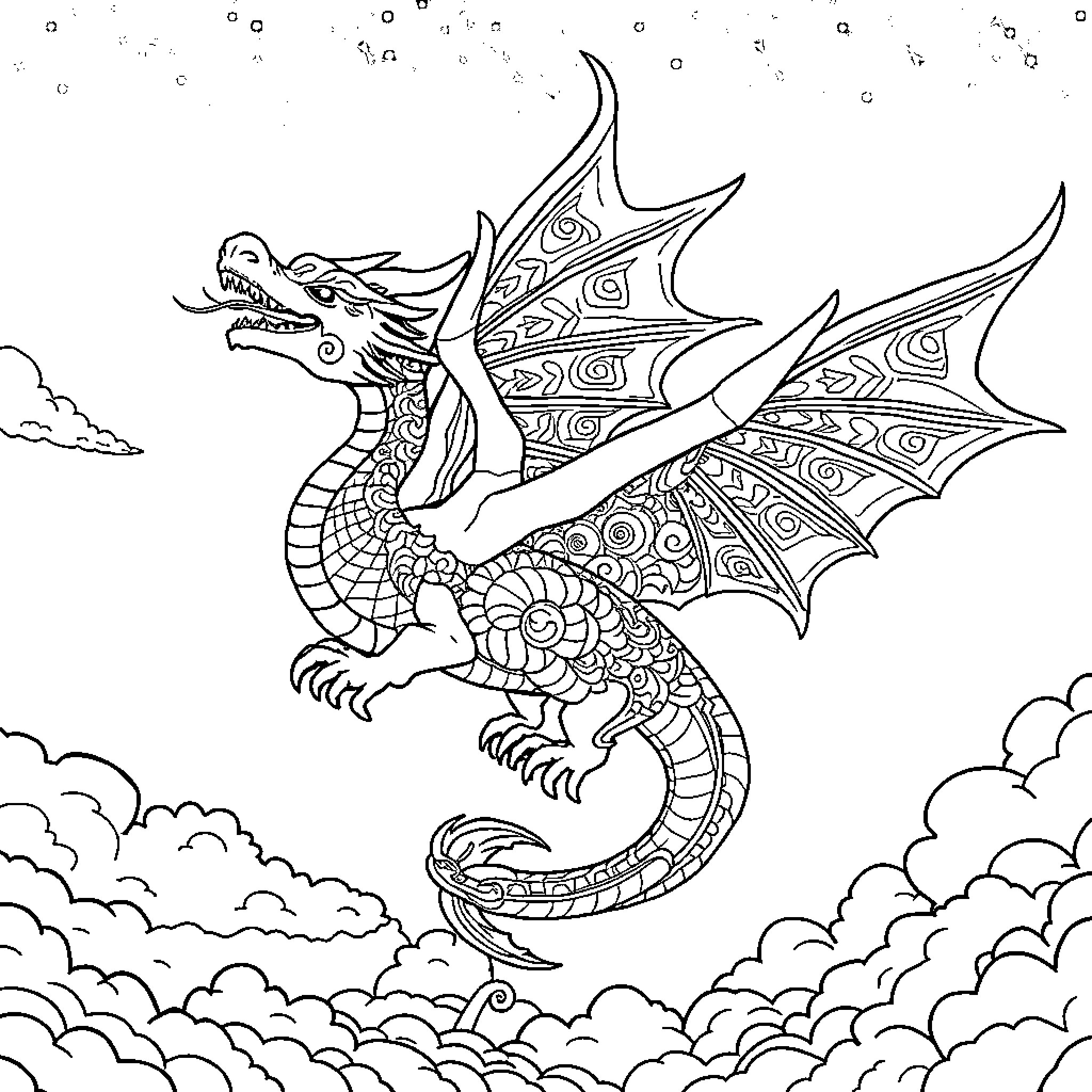 Dragon soaring through the clouds with ornate wings Coloring Page (free black-and-white line drawing printable PDF for all, from beginners to advanced learners, including children, teens, adults, and seniors)