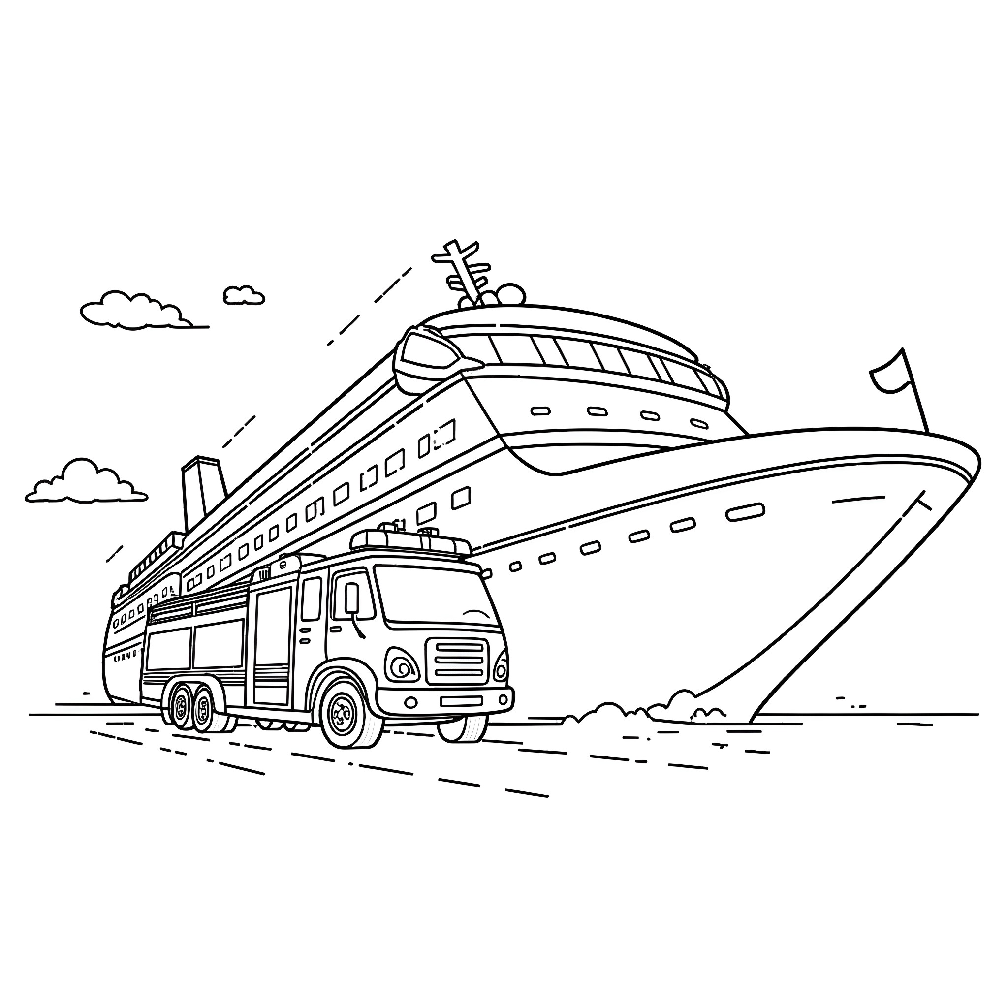 Firetruck transporting passengers to cruise ship Coloring Page (free black-and-white line drawing printable PDF for all, from beginners to advanced learners, including children, teens, adults, and seniors)